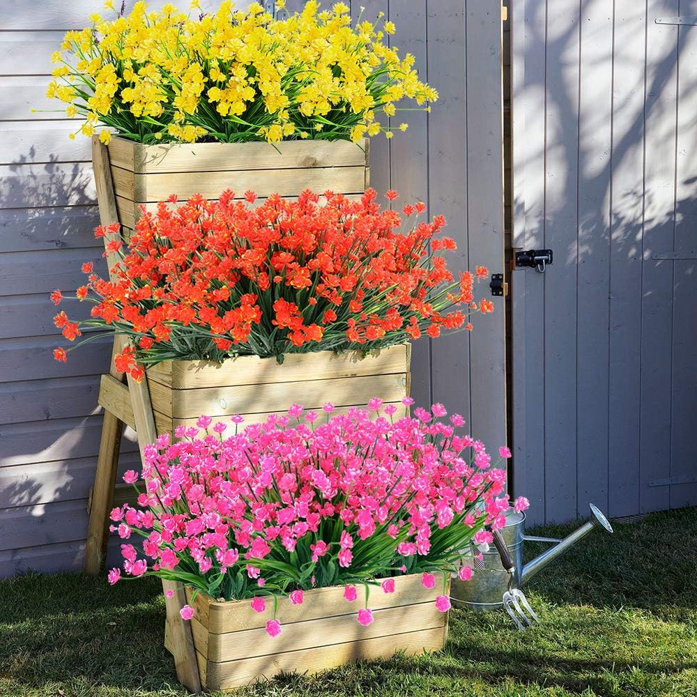 8 Bundles Outdoor Artificial Fake Flowers UV Resistant Shrubs Plants, Faux Plast