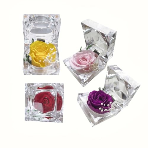 Preserved Rose Real Fresh Rose in Mini Clear Ring Box, Eternal Flower Yellow