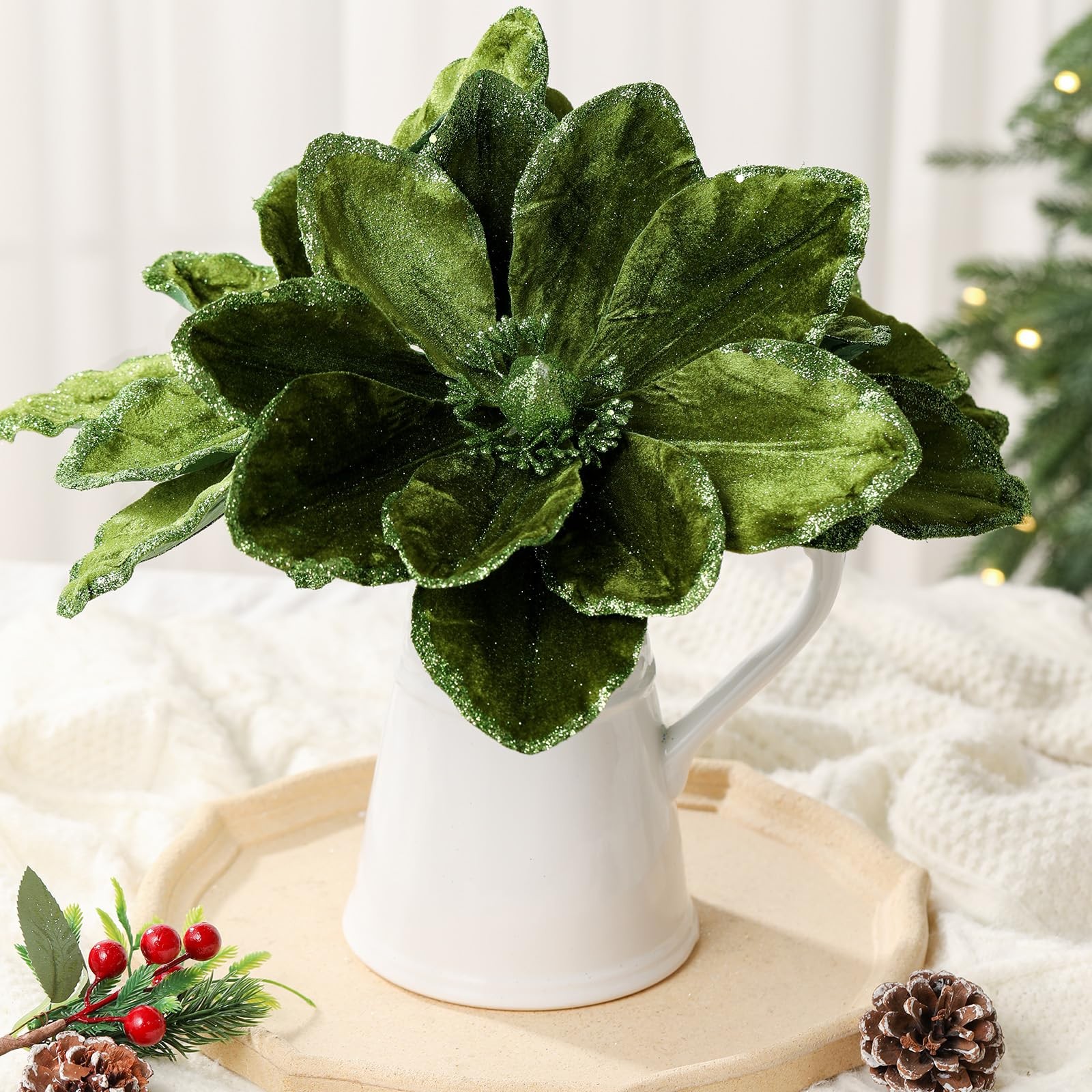 8 Pcs Large 12” Christmas Flower Forest Green Magnolia Flowers Christmas Tre…