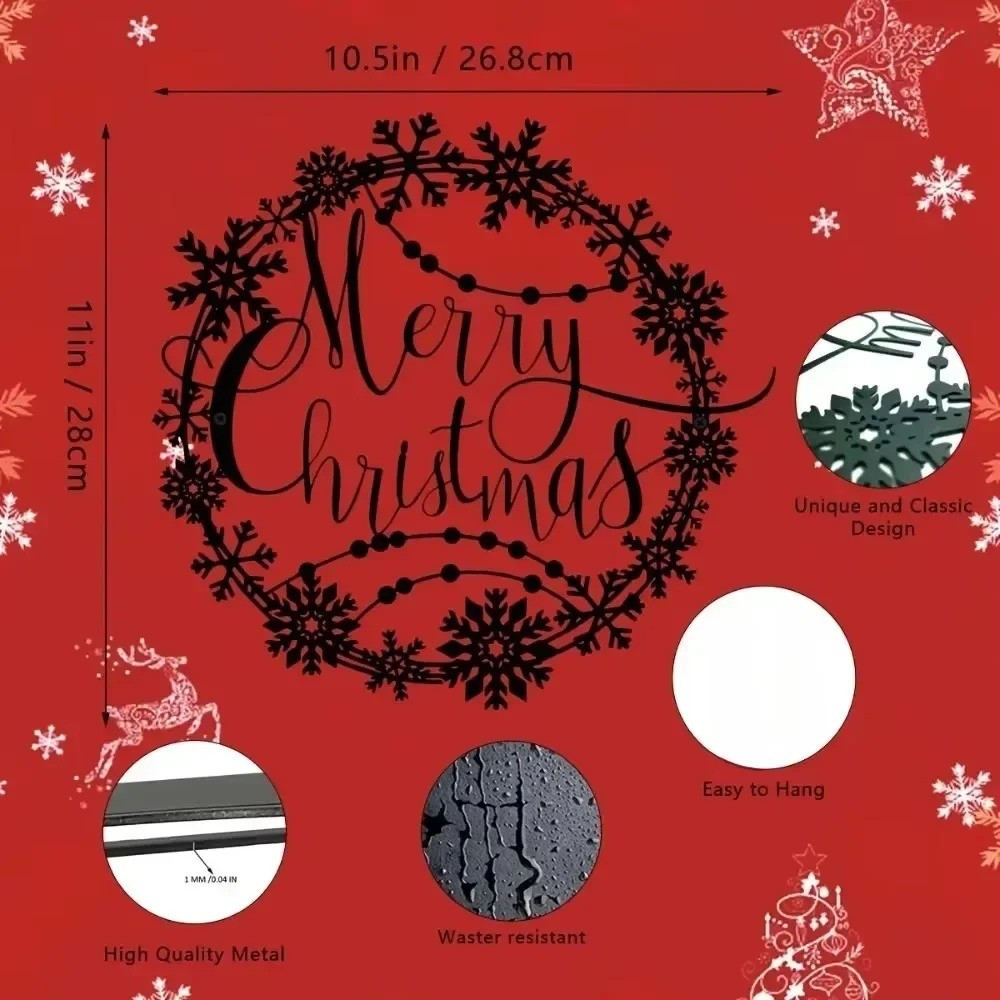 Merry Christmas Round Metal Wall Art – Festive Lettering Logo for Home Decor