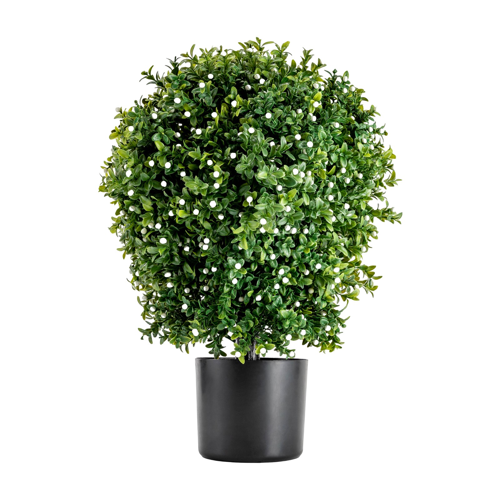 20″ Tall Artificial Boxwood Topiary Ball Tree with White Flowers for Front Porch