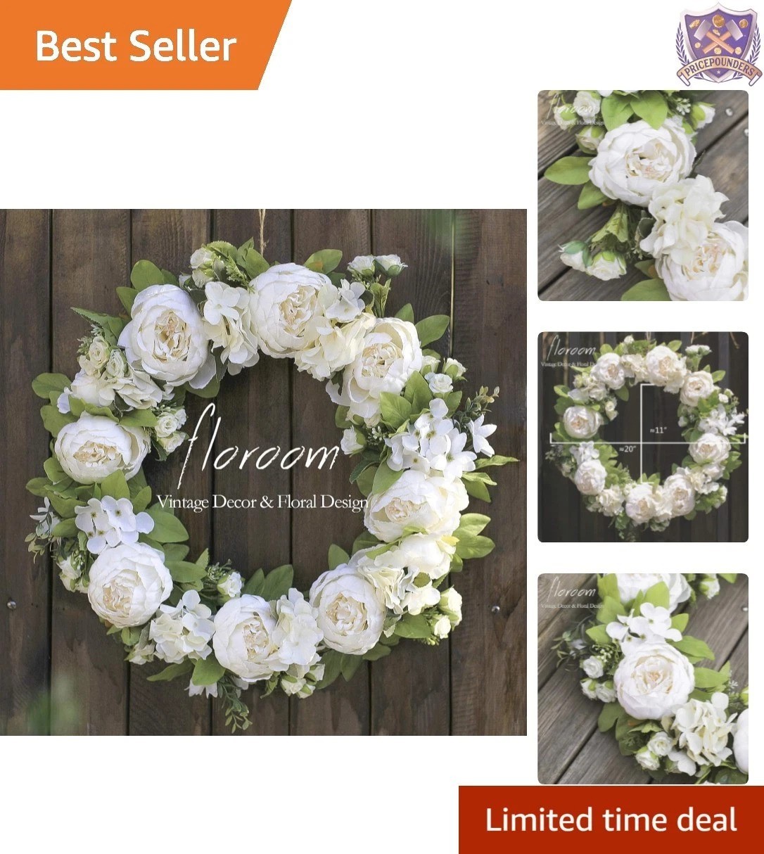 Artificial 20-Inch White Peony Hydrangea Wreath for Front Door Wall Decor