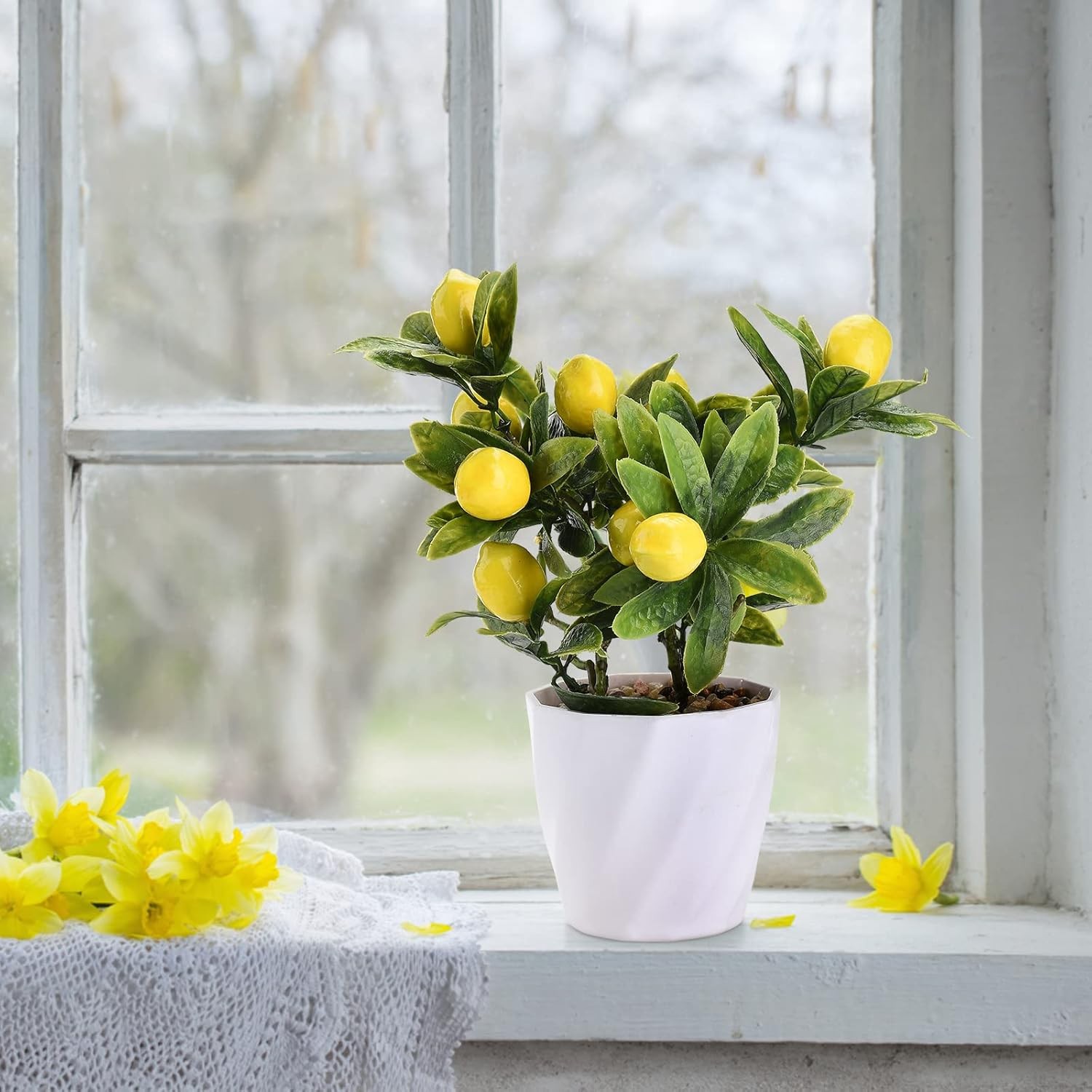 Artificial Lemon Tree Potted Plants, 10 Inch Artificial Fruit Bonsai Tree Lemon