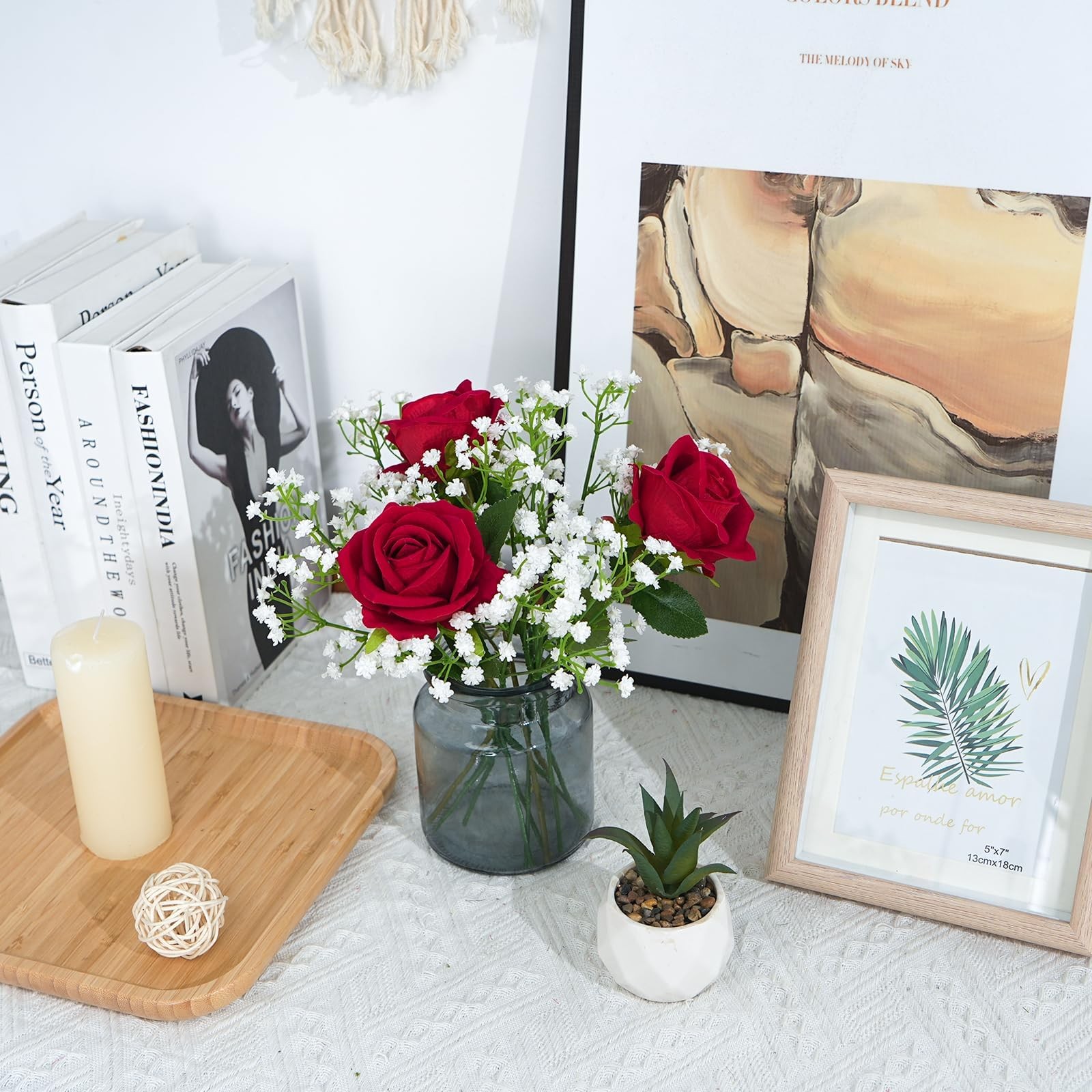 Red Velvet Roses With Faux Baby’s Breath Artificial Flower Arrangement Decor