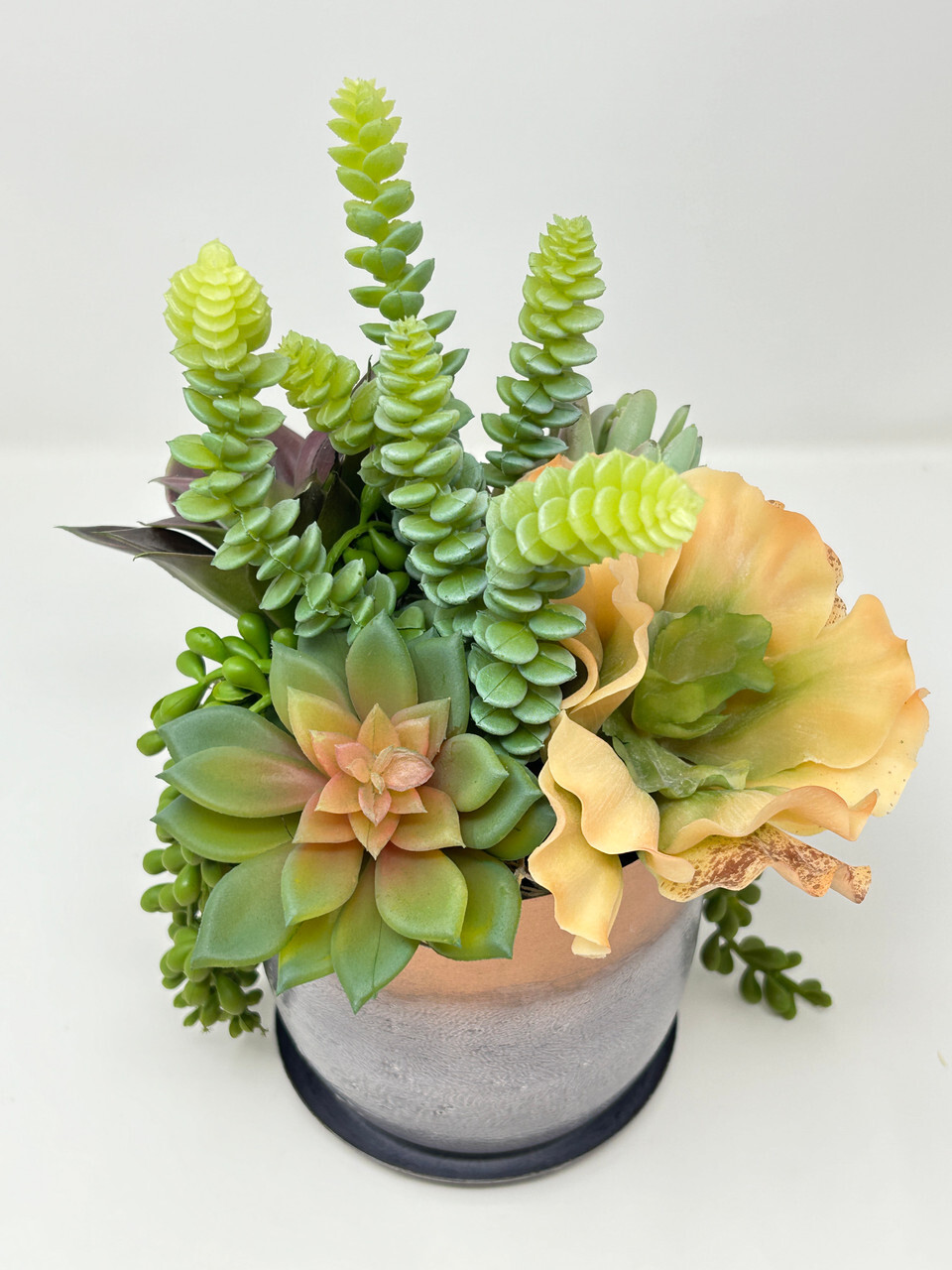 11″ Unique Artificial Succulent Garden #1 mixed arrangement, 5″ Metal Planter