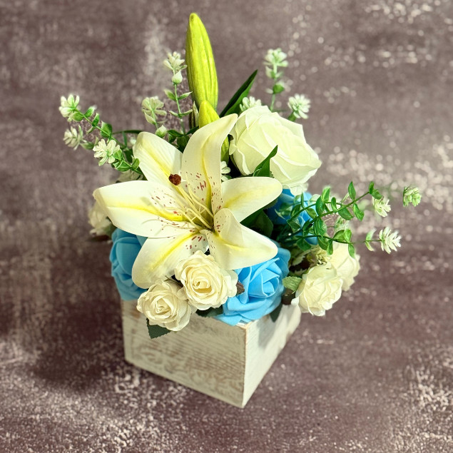 White Lily Blue Rose Centerpiece Faux Floral Arrangement Wooden Box Home Decor