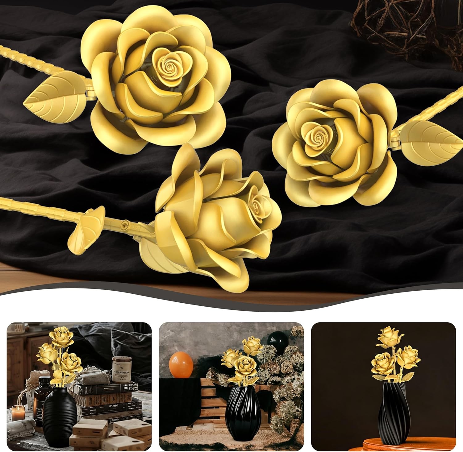 Gold Roses Flower Building Set – 3 Roses Bouquet Botanical Building Blocks for A