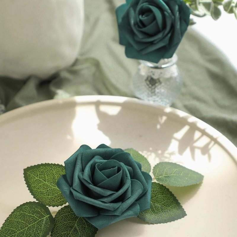 25pcs Dark Teal Foam Roses with Stems Artificial Flowers for Diy Wedding Decor