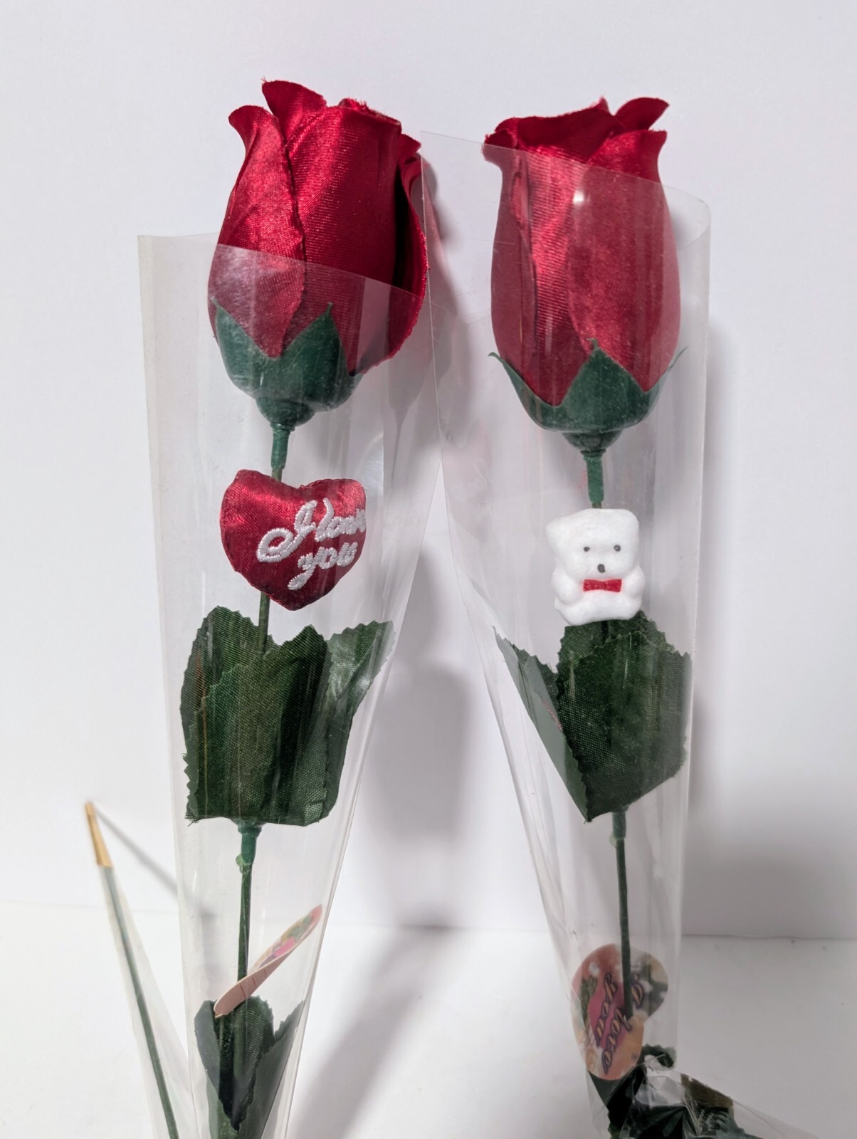 Roses Long Stem Lot of 3 Red Satin and Gold Plastic Stamped 24K Love Valentine’s
