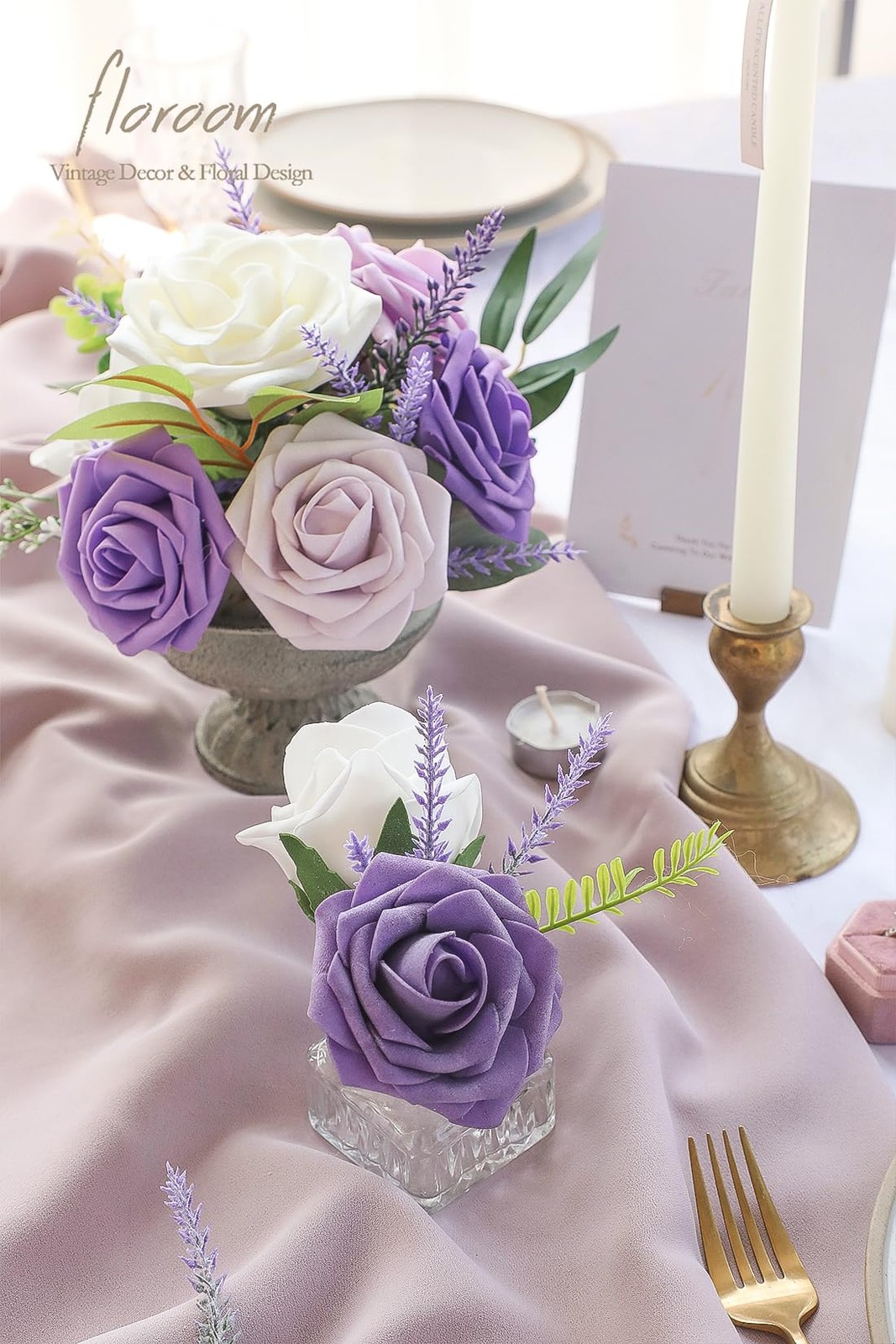 Artificial Purple Lavender, 4 Bushes Flocked Fake Lilac Flower for Wedding Bo…