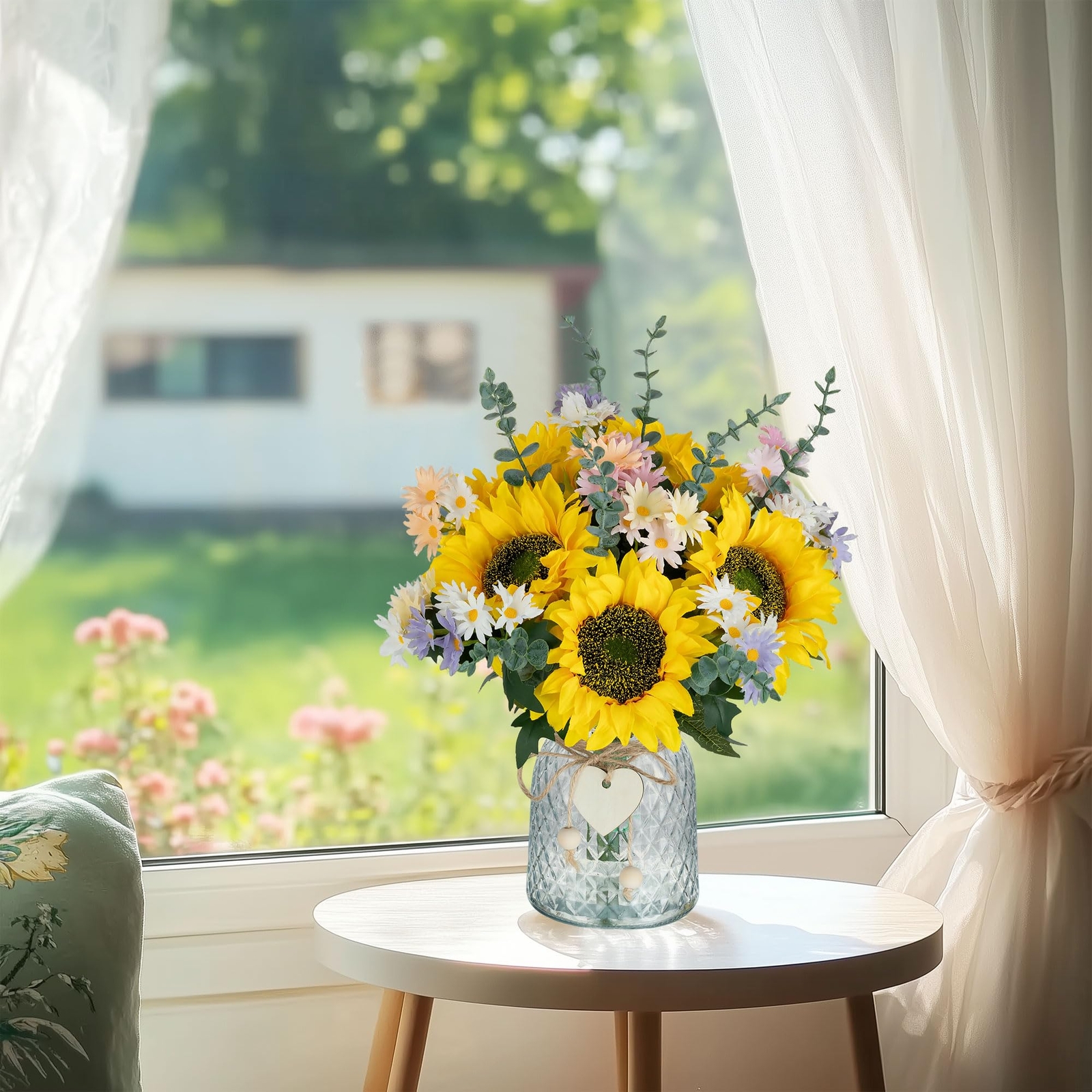 Sunflower Fake Flowers in Vase Sunflowers Artificial Flowers with Vase for Ta…