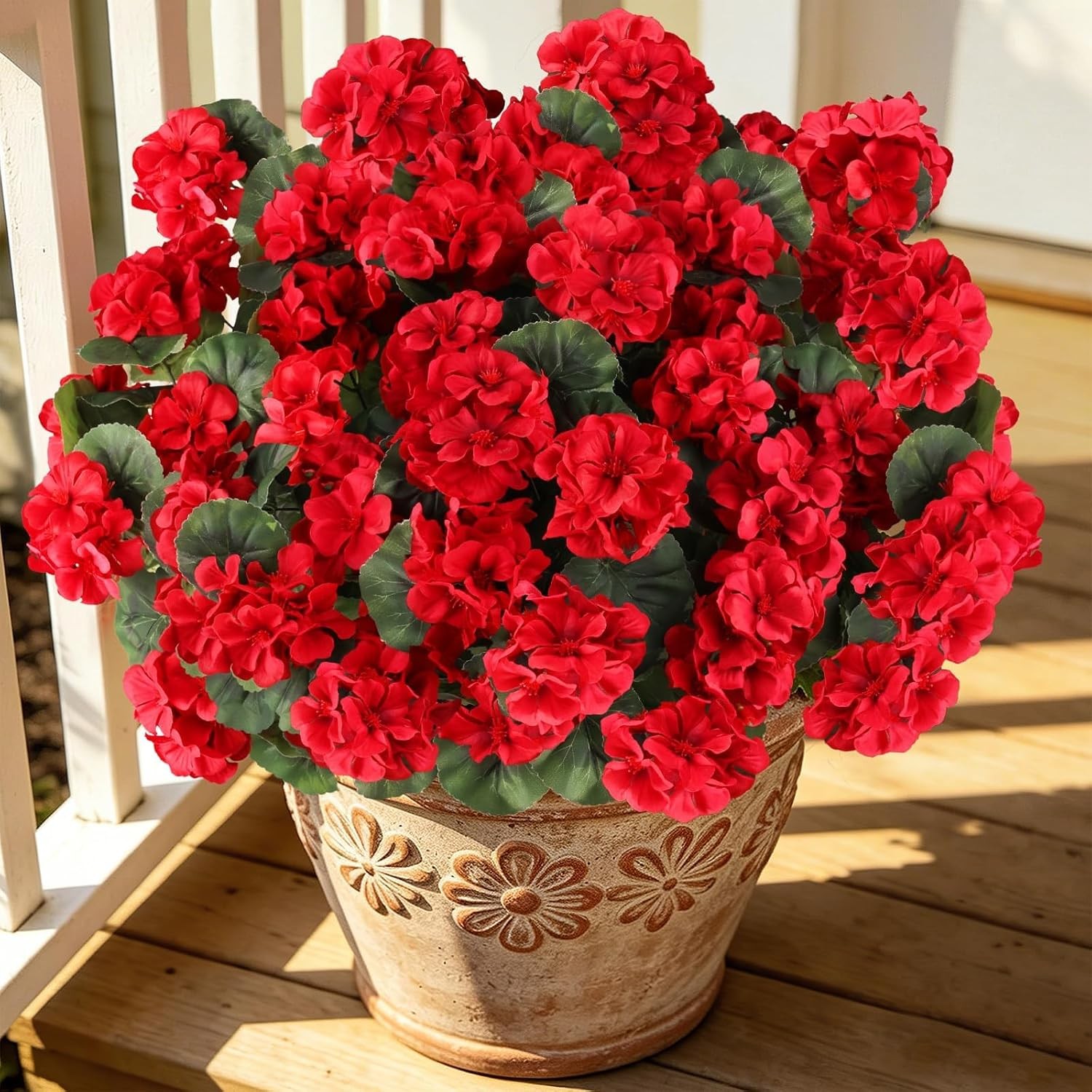 6 Bundles Red Geraniums Silk, Artificial Outdoor Planter Decor