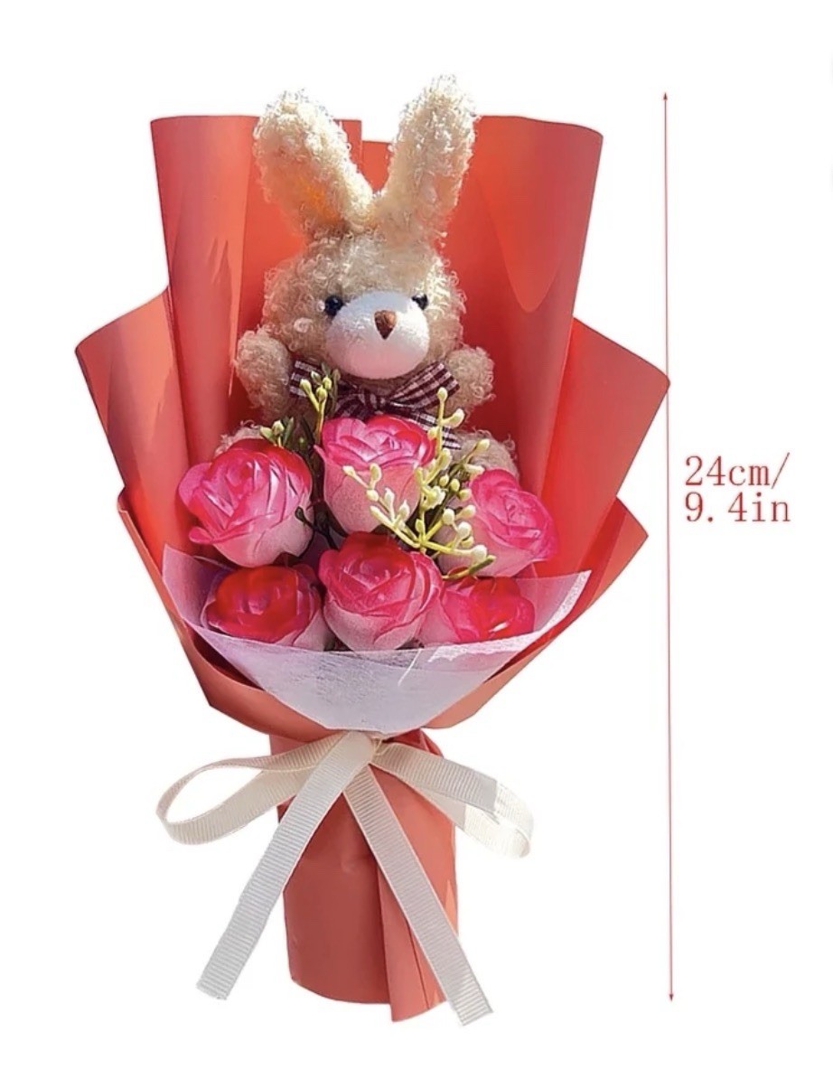 Bunny Bouquet,Stuffed Animal with Artificial Rose Flower Bouquet- Peach NEW