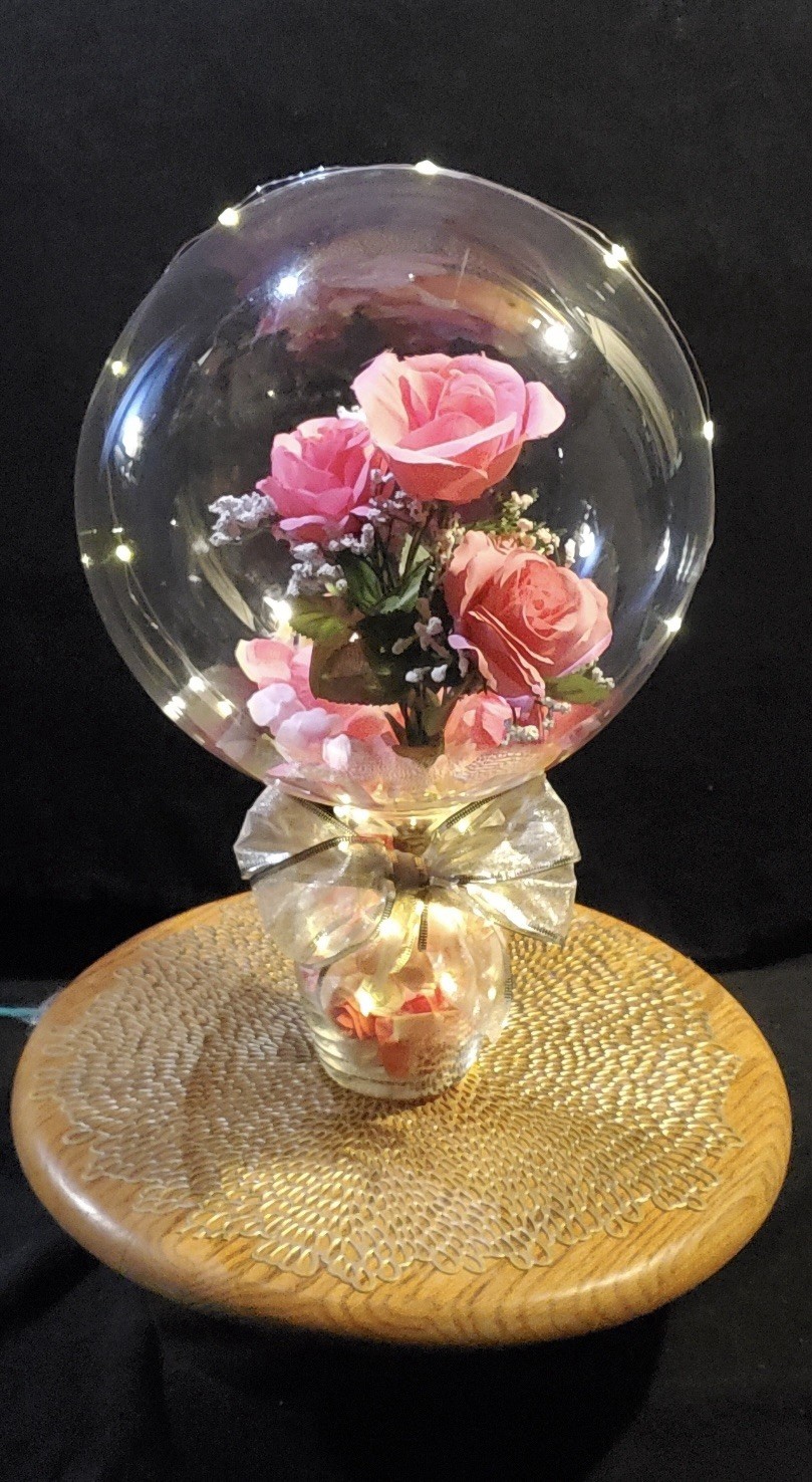 Valentines Day Gift, Pink Rose Balloon. Light Balloon, Glass Vase