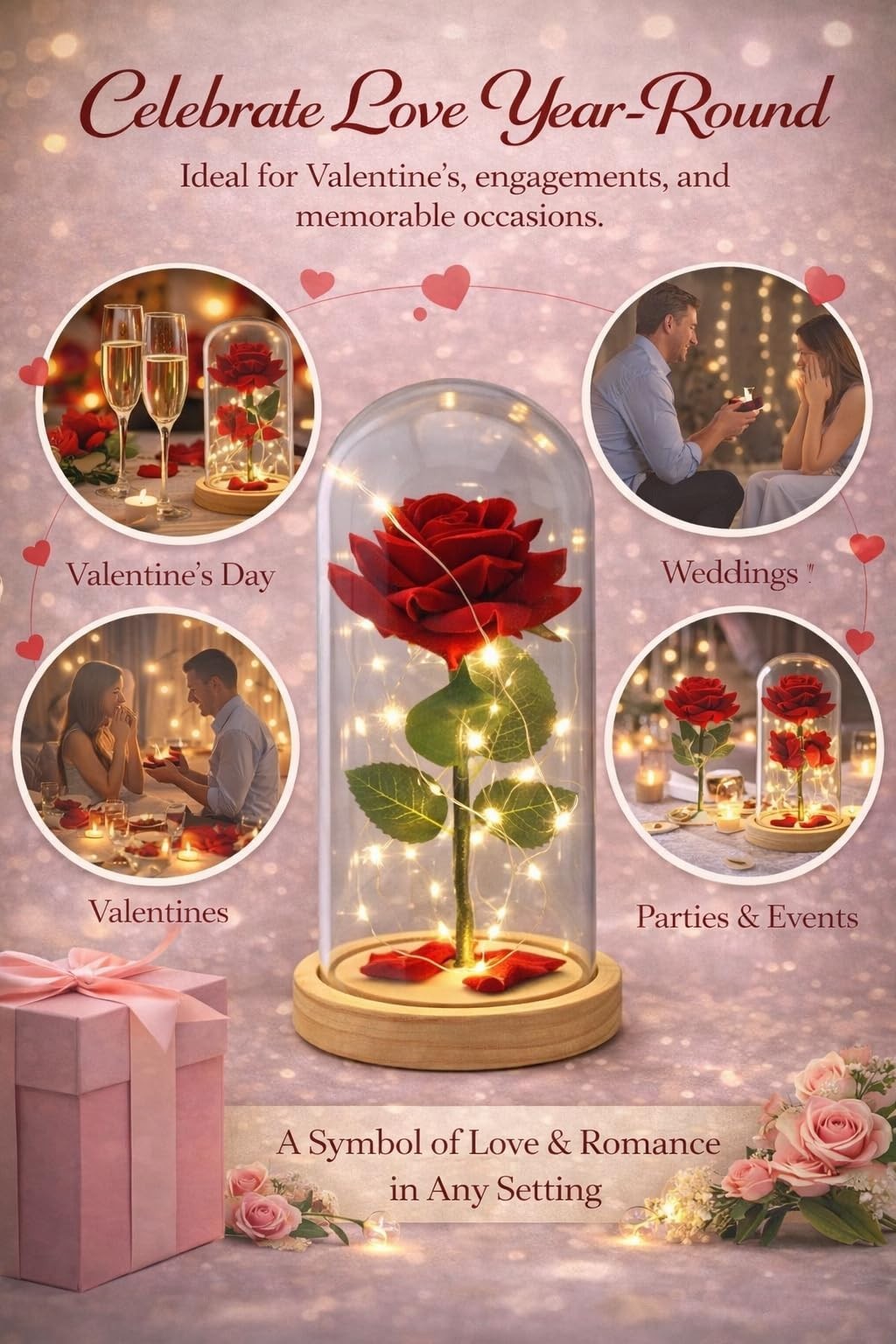Eternal Red Rose in Glass Dome with LED Lights – Romantic Gift for Women, Annive