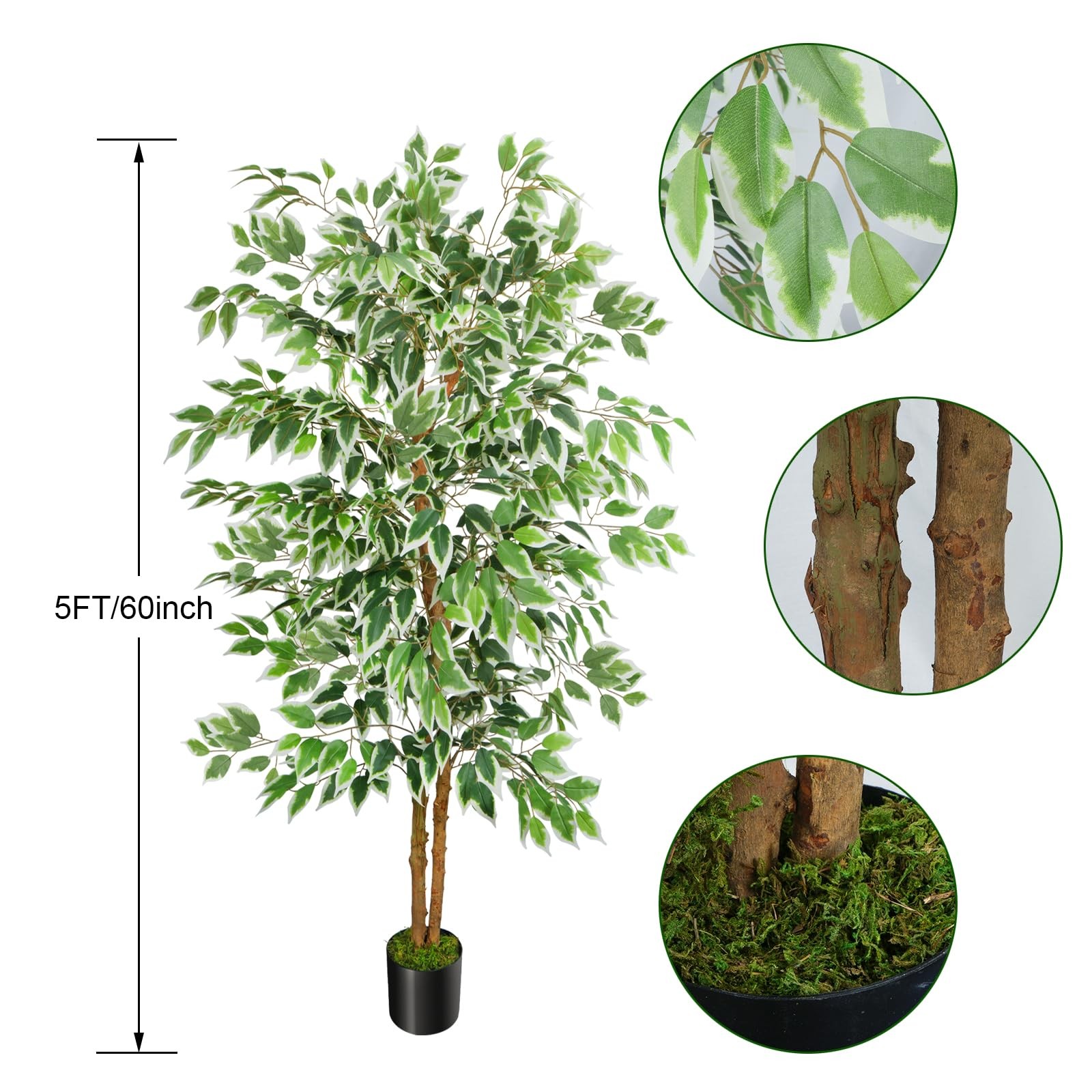 5ft Ficus Tree Artificial, Tall Fake Tree with Natural Trunk Faux Trees Indoo…