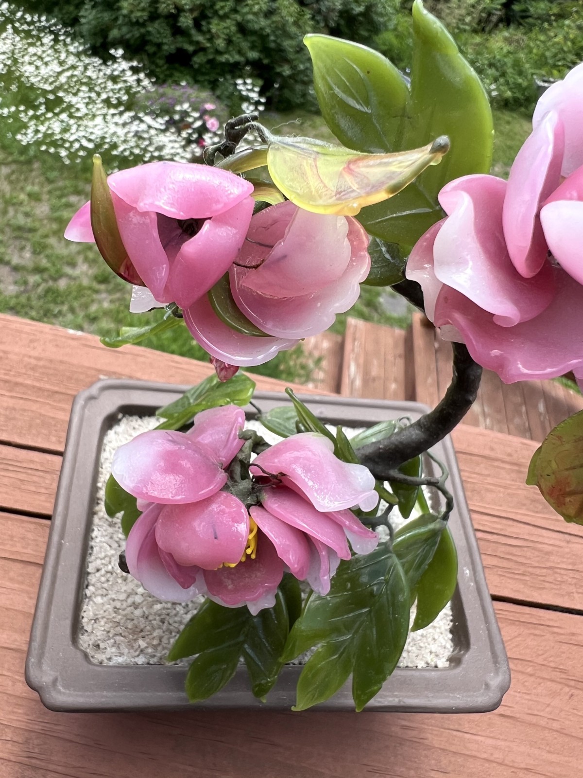 Vintage 8” Shohin Bonsai Glass Peony Tokoname Artist Signed Terra Cotta Pot