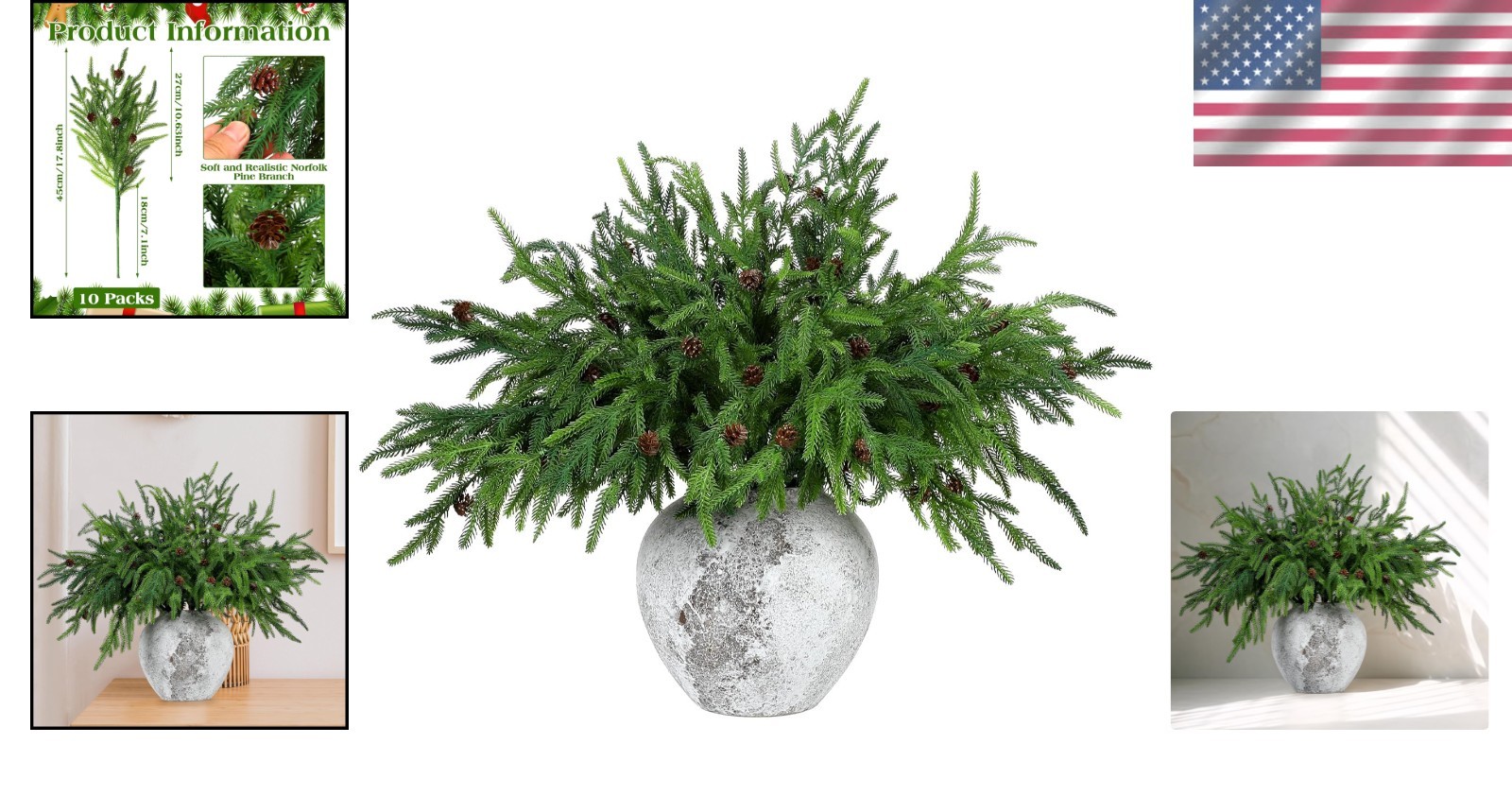 Set of 10 Realistic Norfolk Pine Branches with Cones for Elegant Holiday Styling
