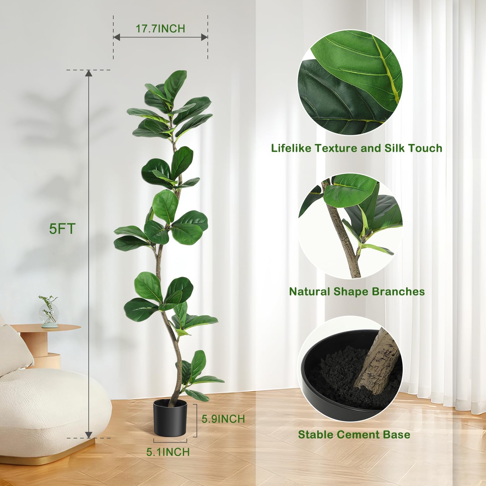 5/6/7FT Artificial Fiddle Leaf Fig Tree in Black Pot ,Tall Fake Plant Home Decor