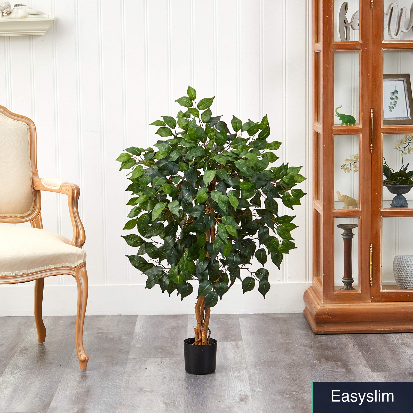 Artificial Ficus Tree 36 Inches Triple Trunk Green Silk Black Pot