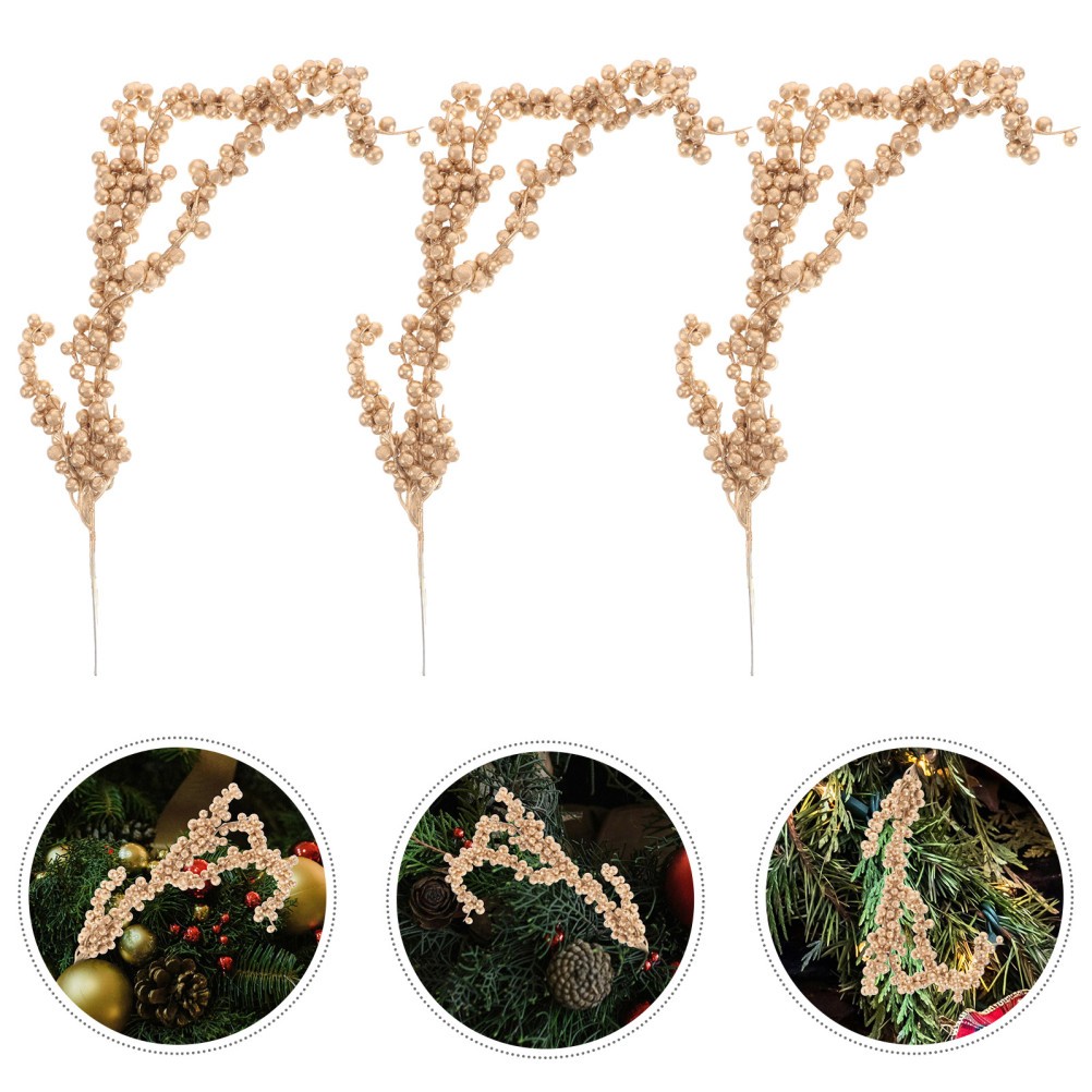 3pcs Christmas Simulated Berry Branches Christmas Tree Branch (Golden)