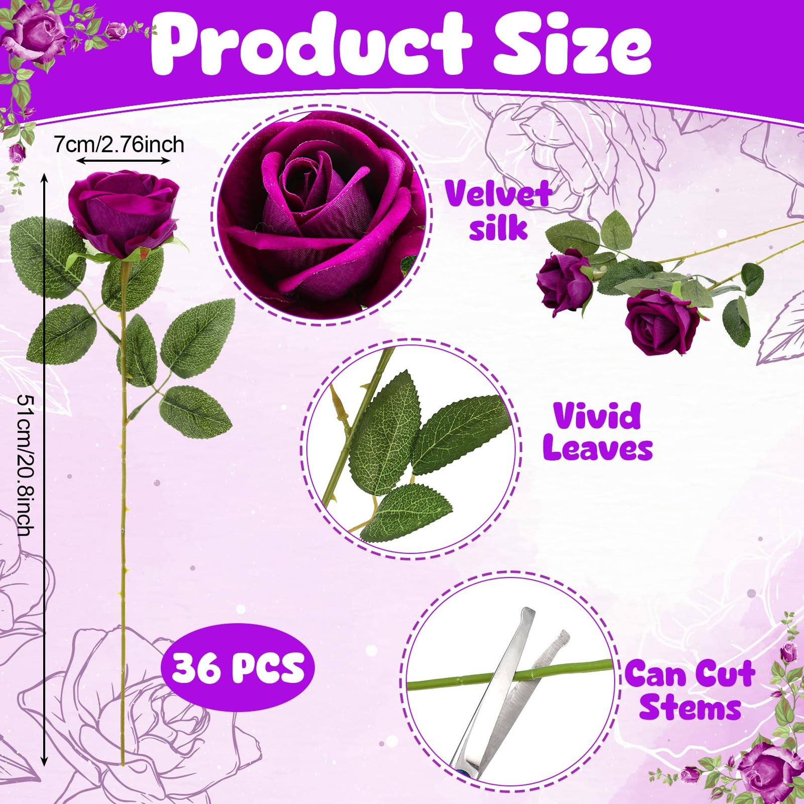 Hoemwarm 36 Pcs Dark Purple Velvet Artificial Flowers, Realistic Fake Roses B…