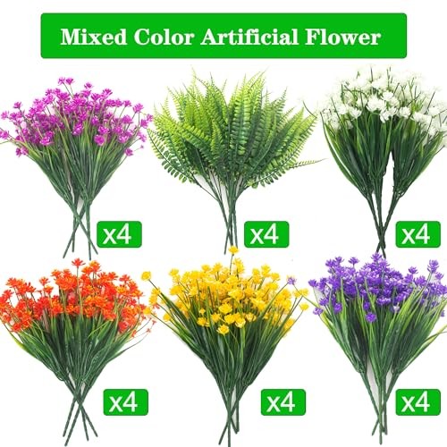 Grunyia 24 Bundles Artificial Flowers for Outdoor Decoration UV Resistant Fake