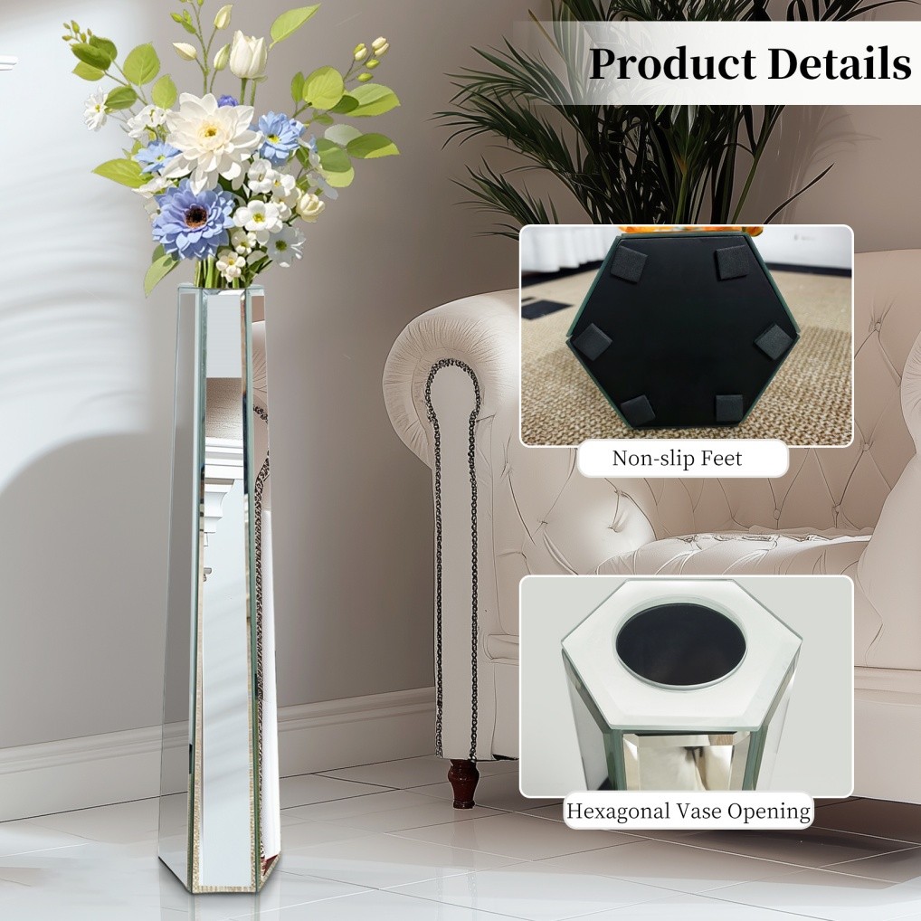 30″ Tall Mirrored Floor Vase Silver Big Vases Home Decorative for Dried Flower