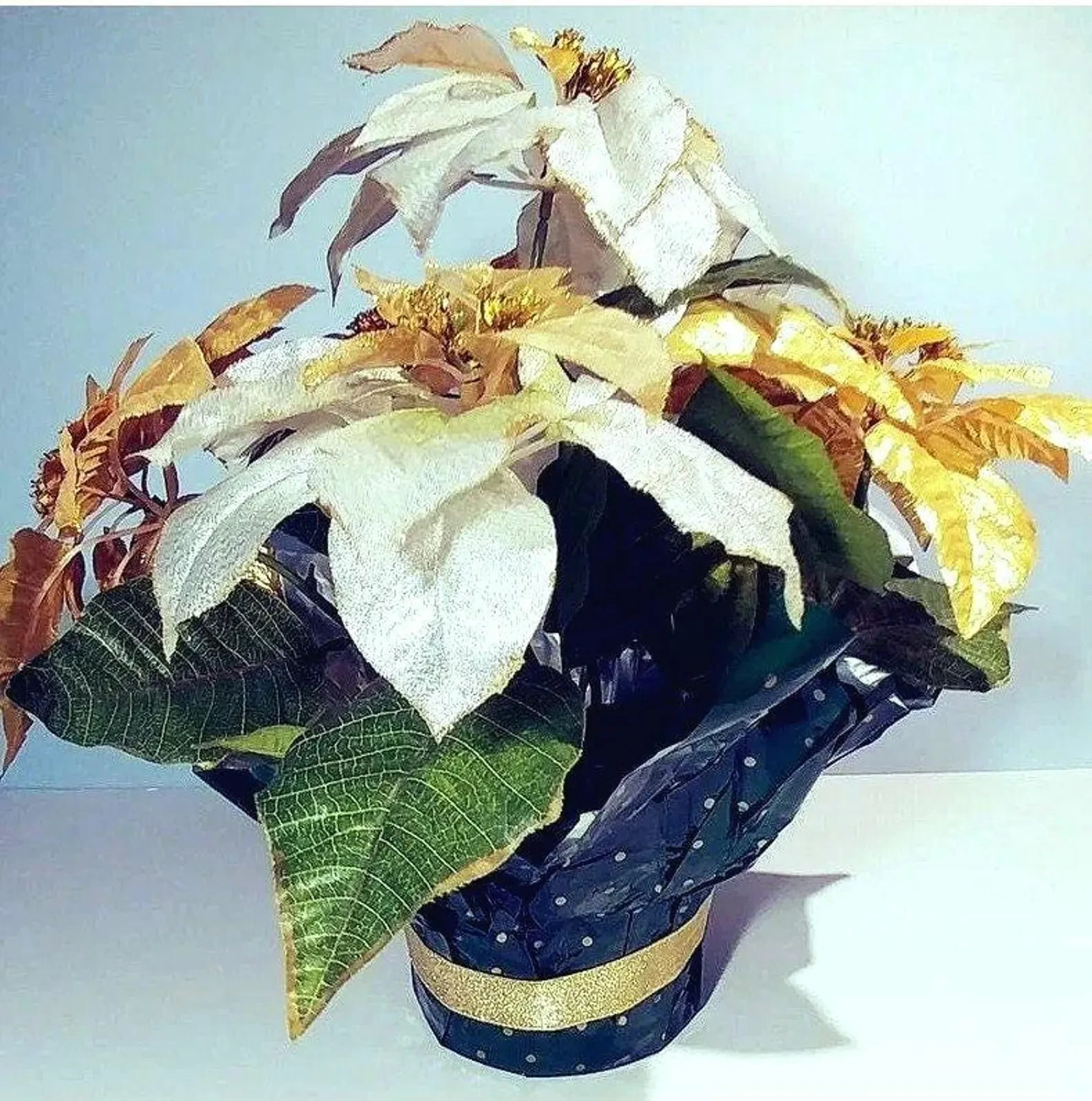 Fuax Potted Silk Poinsettia in Gold, Silver, & White Flowers Floral Centerpiece