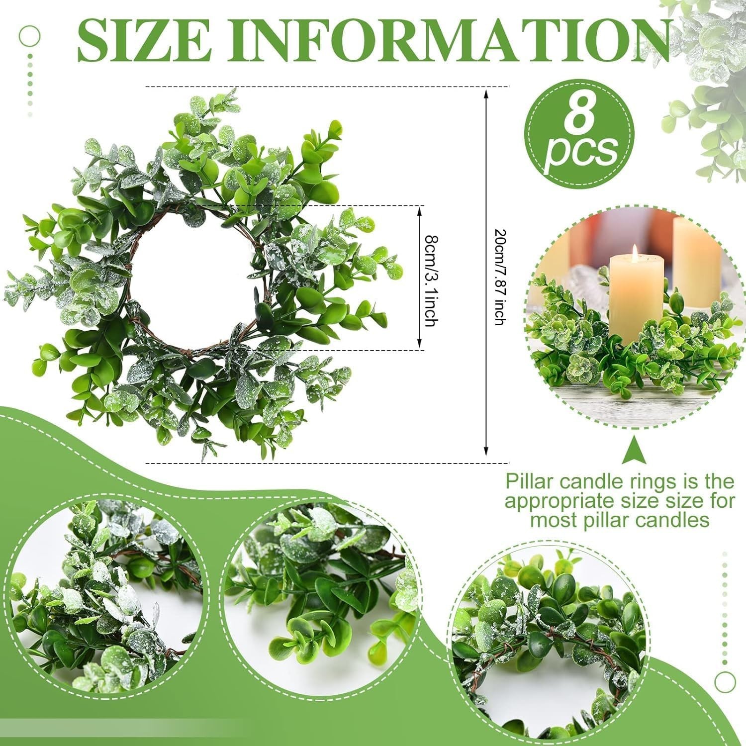 8 Pcs Mini Eucalyptus Candle Rings – Elegant Floral Wreaths for All Seasons