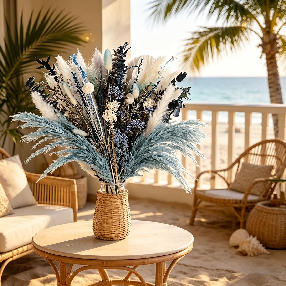 Dusty Blue Pampas Grass Arrangement, Blue and White Dried Flower Bouquet with…