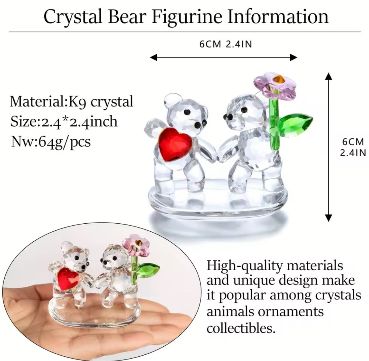 Crystal Couple Bear Figurine Glass Love Bear Statue Romantic Gift Ornament