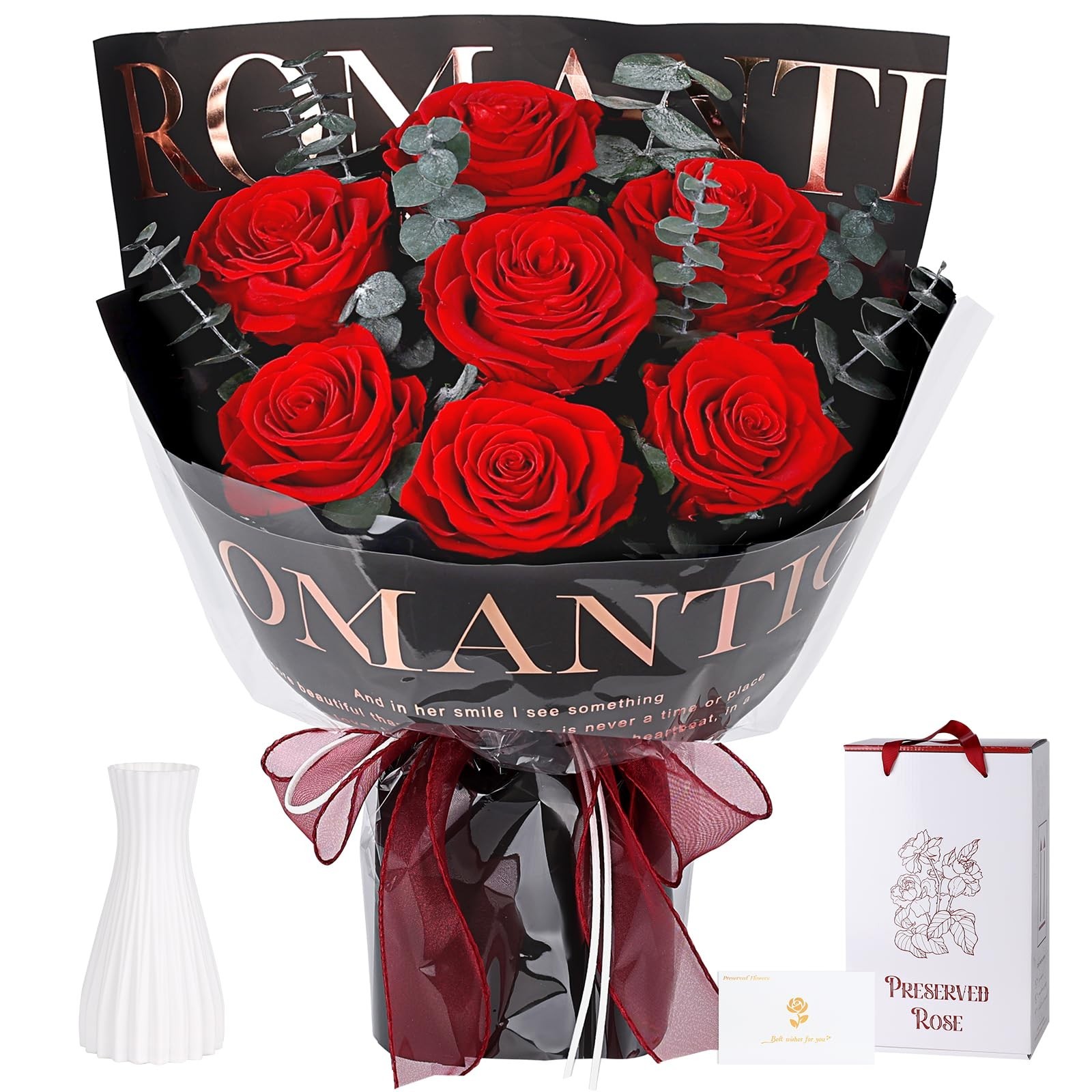 7 Red Roses Preserved Flowers in Black Wrap – Perfect Gift for Women