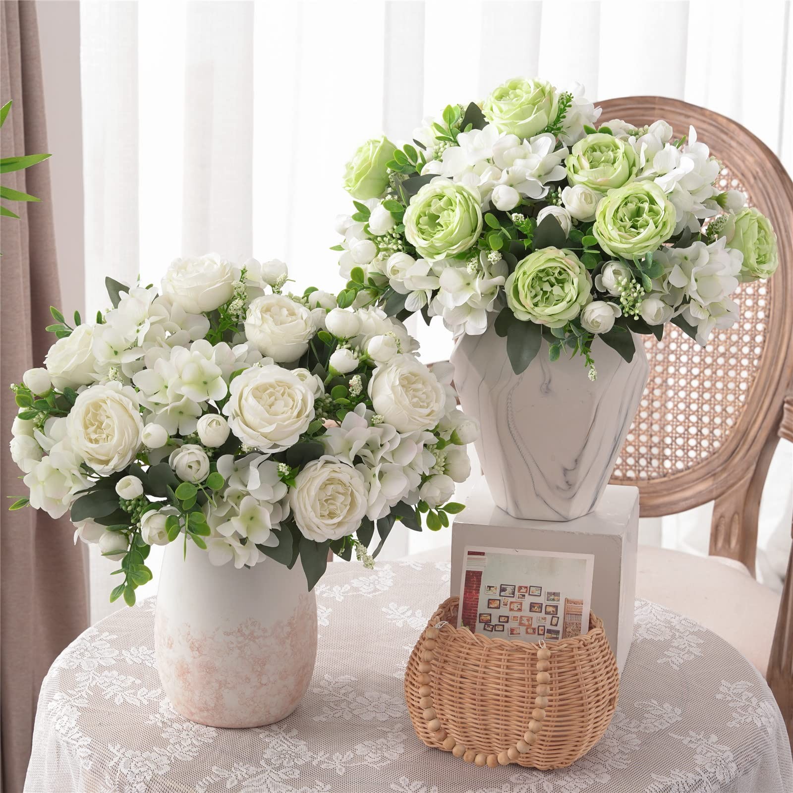 4 PCS Green Peony Artificial Flowers Faux Rose Silk Bouquet Table Centerpiece