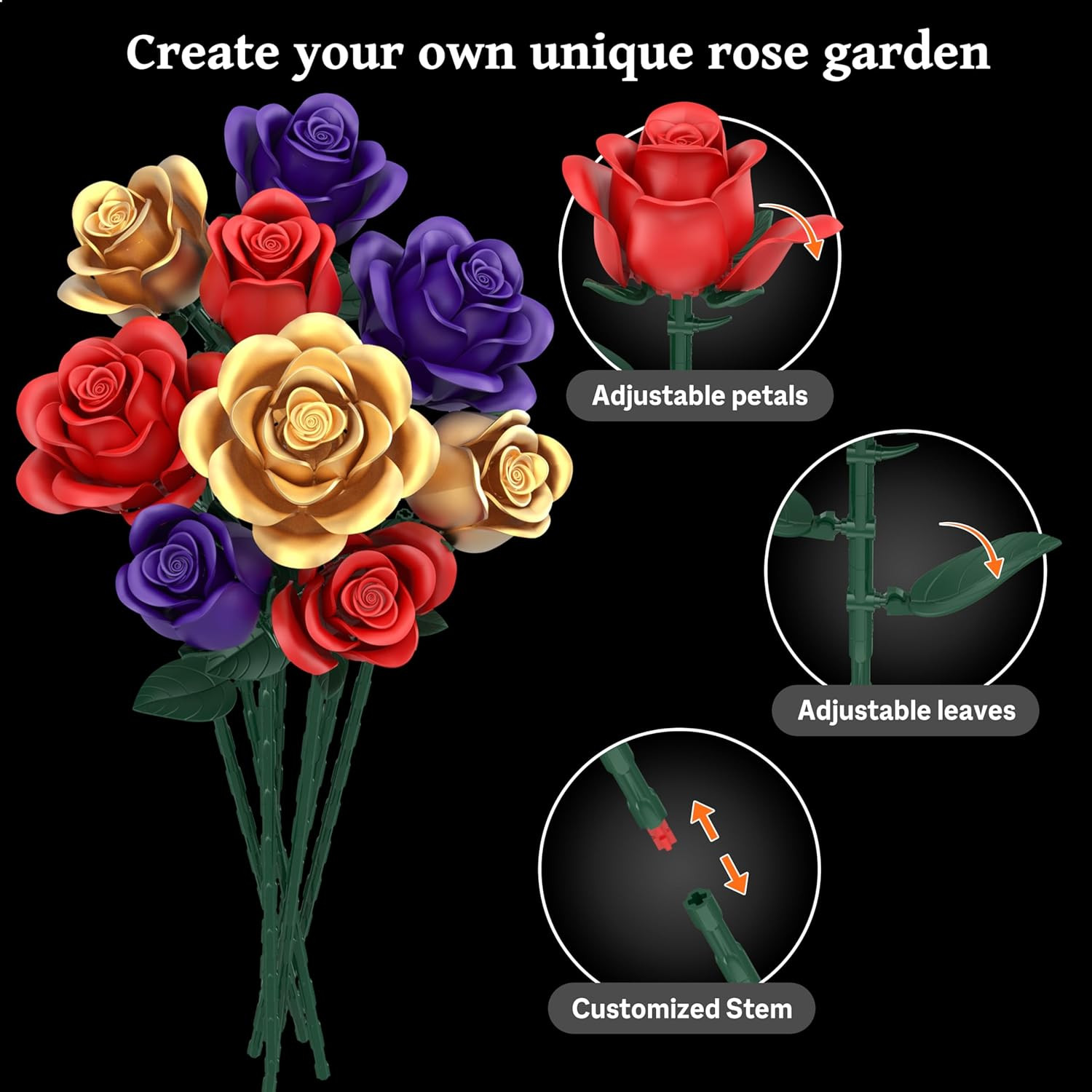 Rose Bouquet Flowers Building Set, 501Pcs Red Purple Golden Roses Artificial Flo