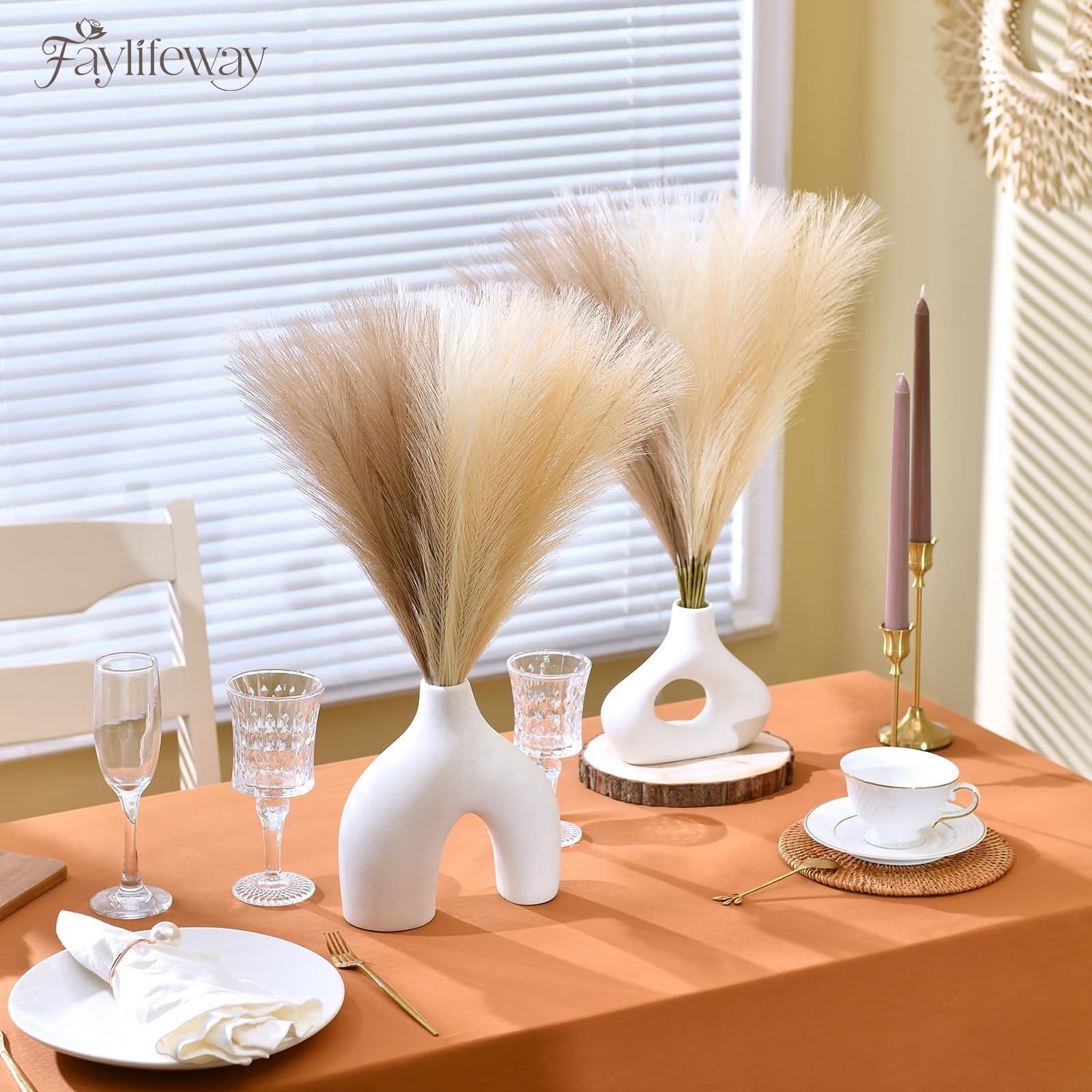 50PCS 17 Faux Pampas Grass, Sand Beige Light Brown, Fluffy, Vase Filler