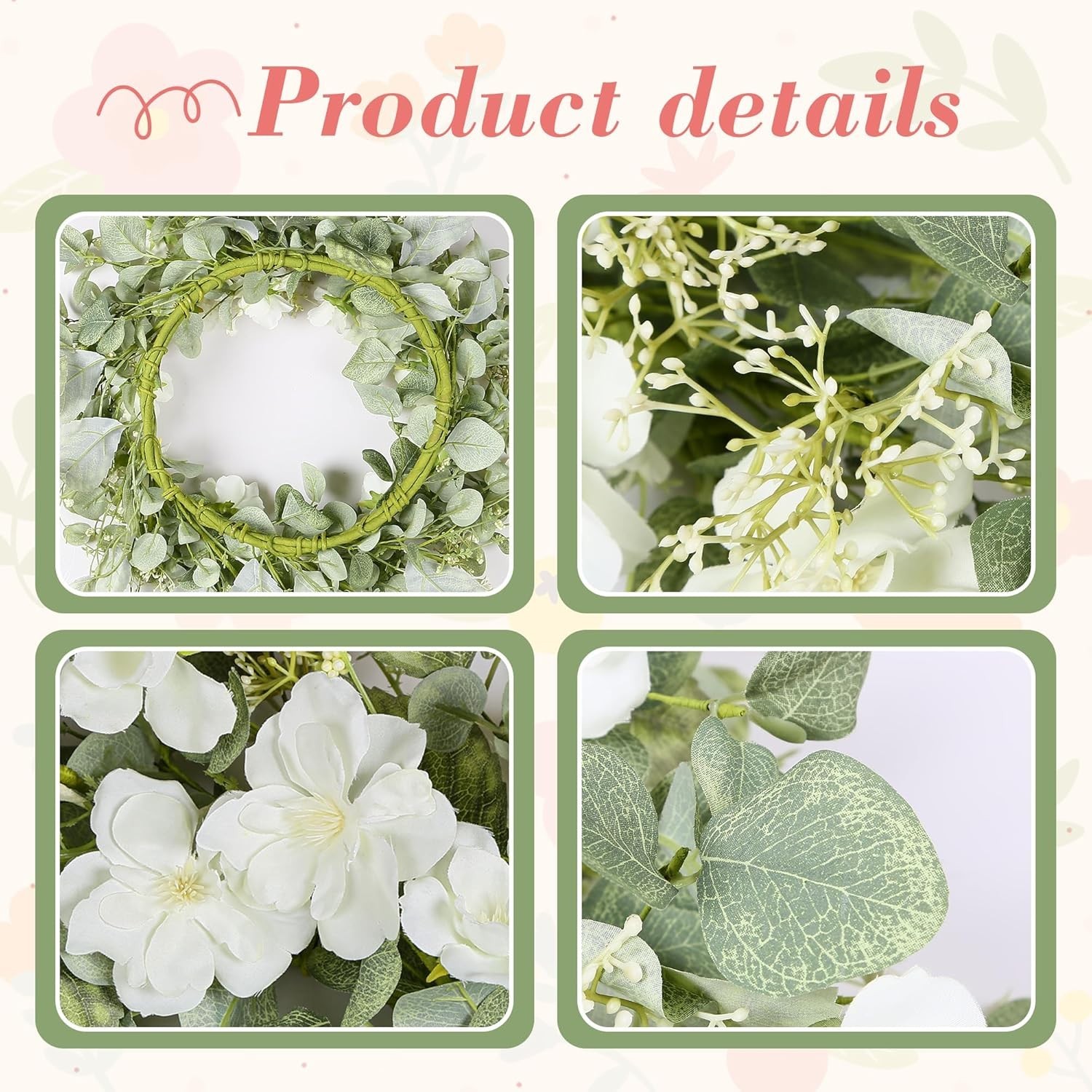 20-Inch Spring & Summer Artificial Floral Wreath with White Roses & Eucalyptus