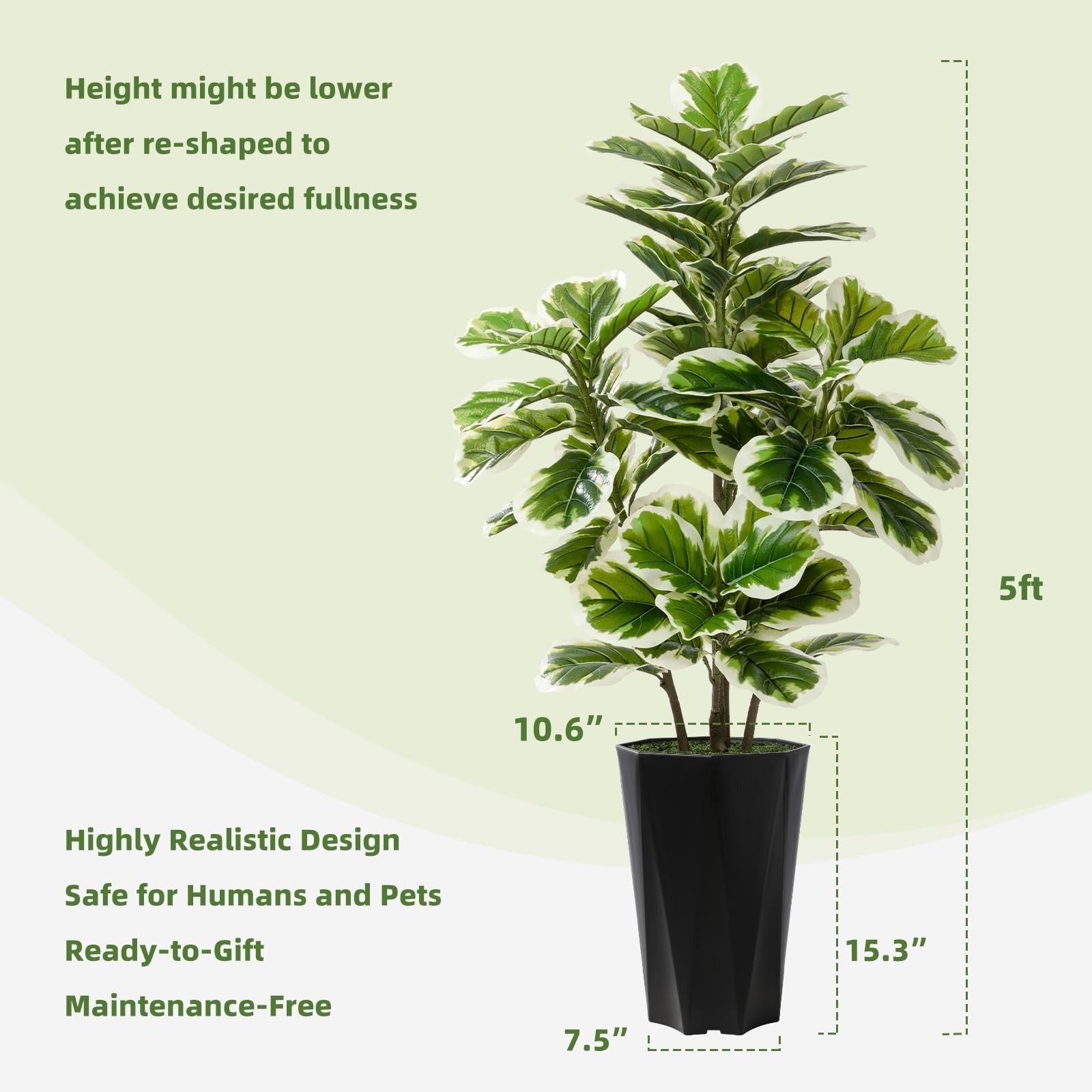 Artificial Fiddle Leaf Fig Tree 5FT Faux Rubber Plant with Black Diamond Pla…