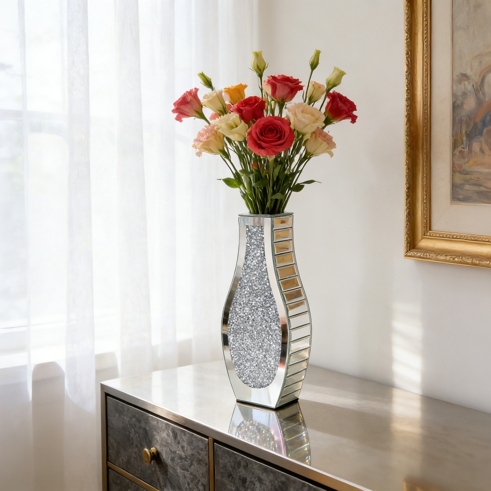 Crushed Diamond Mirrored Flower Vase Decorative Crystal Silver Glass Table Vase