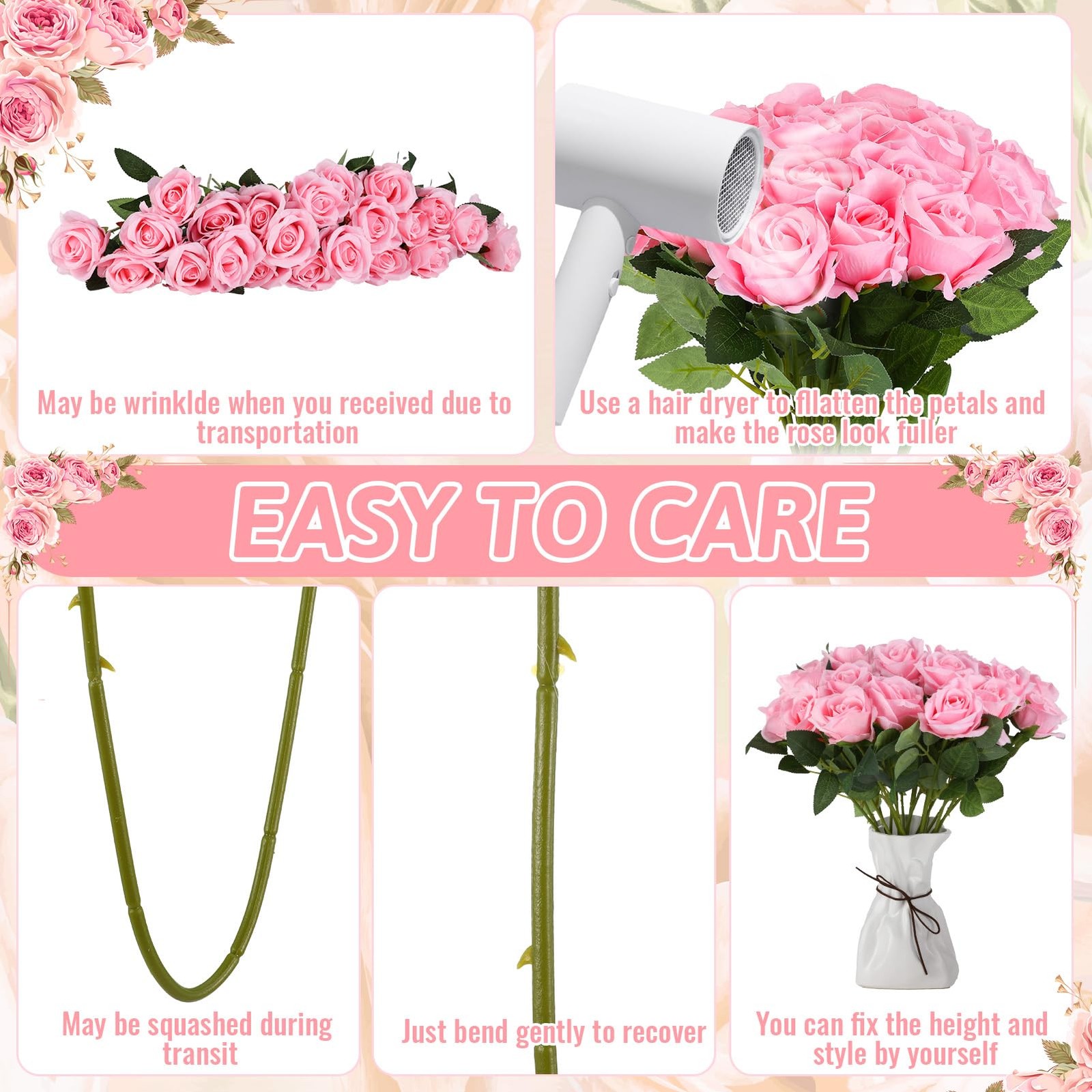 24 Pcs Pink Rose Artificial Flowers with Long Stem Real Touch Silk Plastic Bo…
