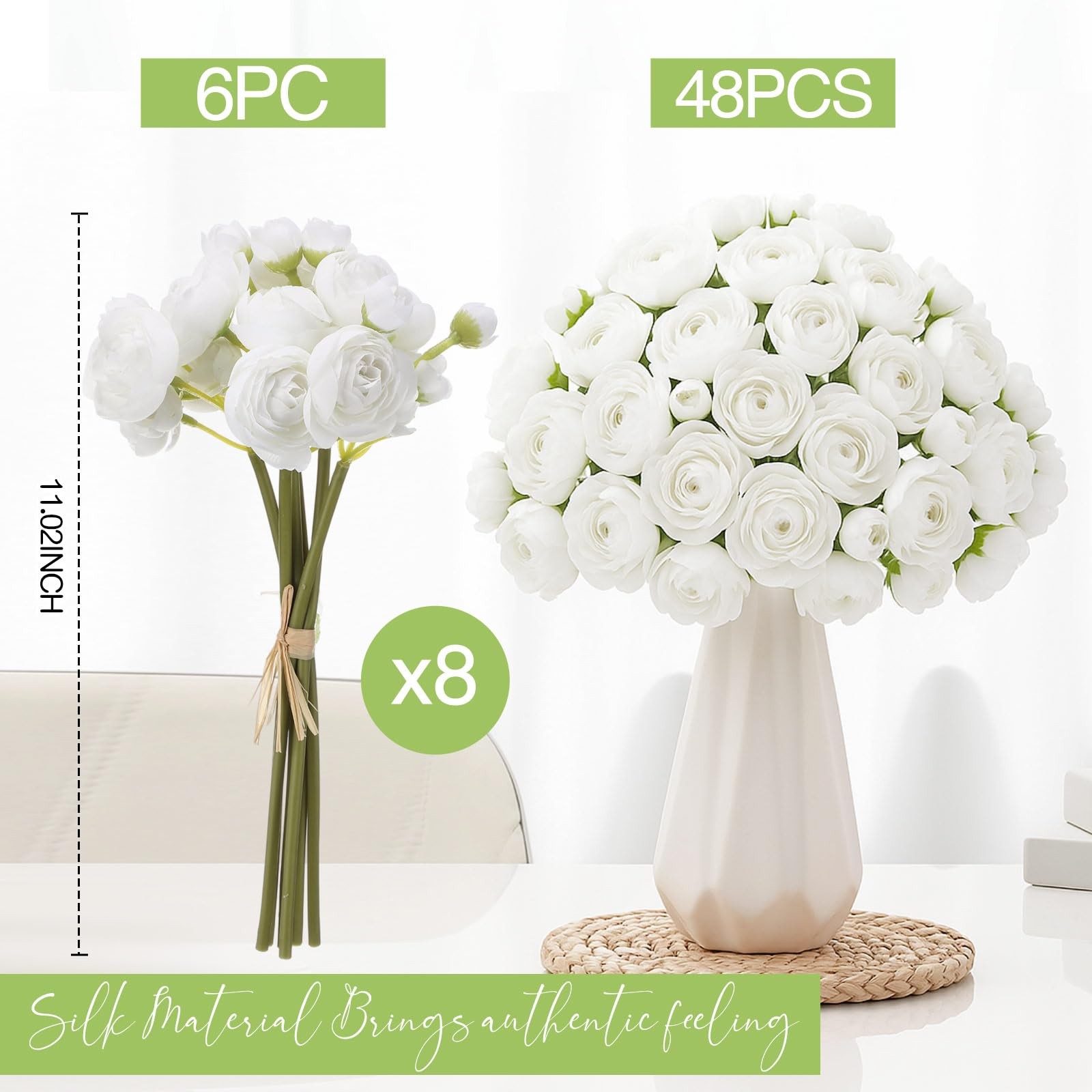 48 PCS Ranunculus Artificial Flower Real Touch Peonies Silk Faux Bouquet