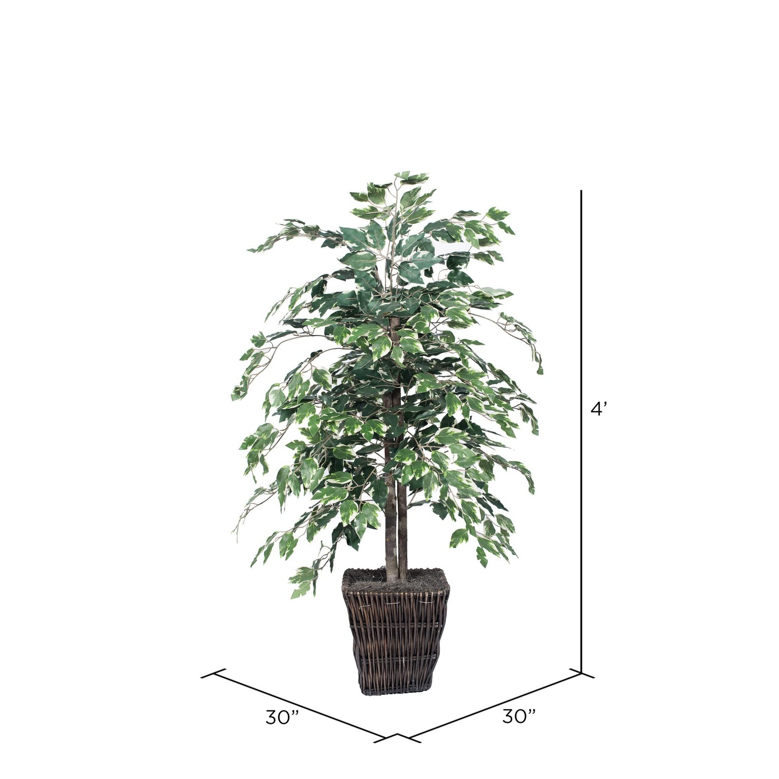 Pemberly Row 4′ Artificial Variegated Ficus Bush w/ Willow Basket in Green/White