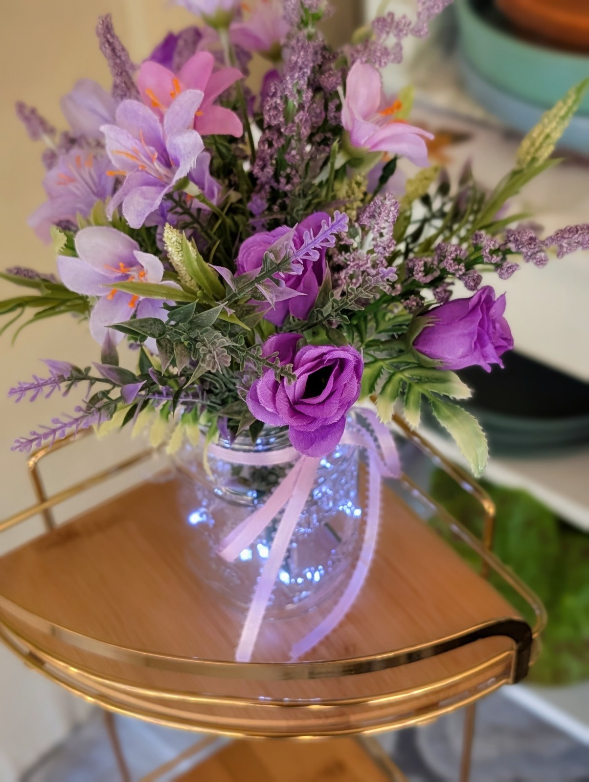 Purple Floral Arrangement, Mini Roses, Fressia, Lighted Mason Jar (Timer)