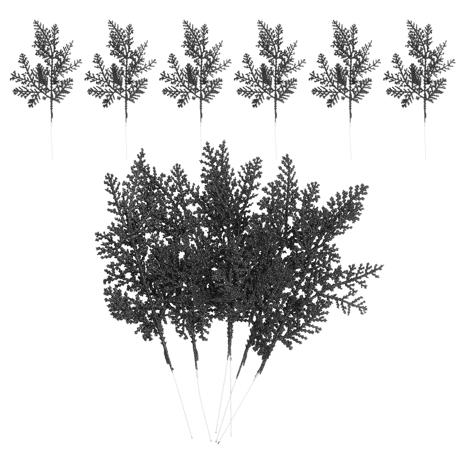 24 Pcs Glitter Artificial Pine Needles, Glitter Pine Stems Black