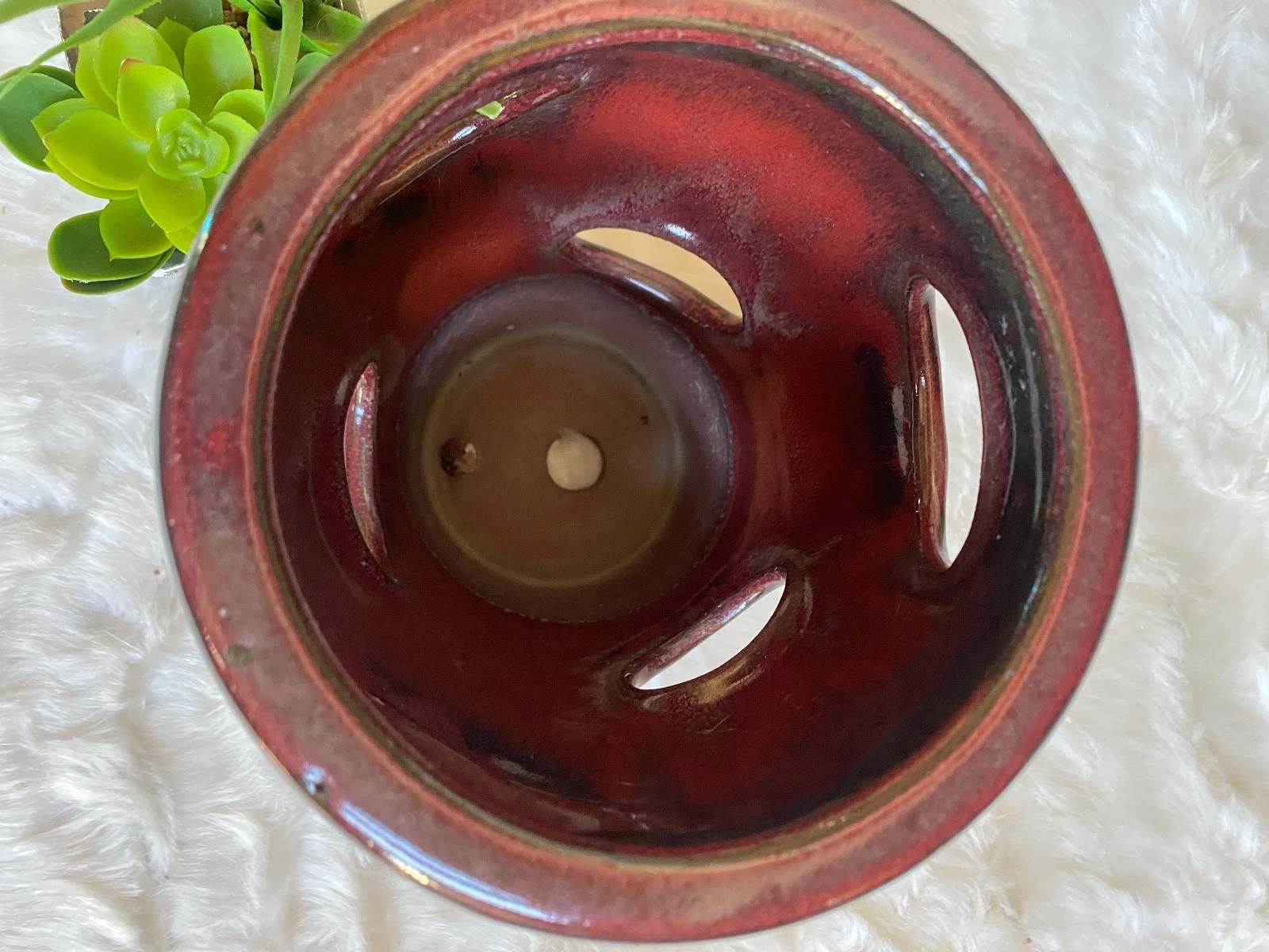 Red Ceramic Planter Pot with Multiple Side Openings and Drainage Hole