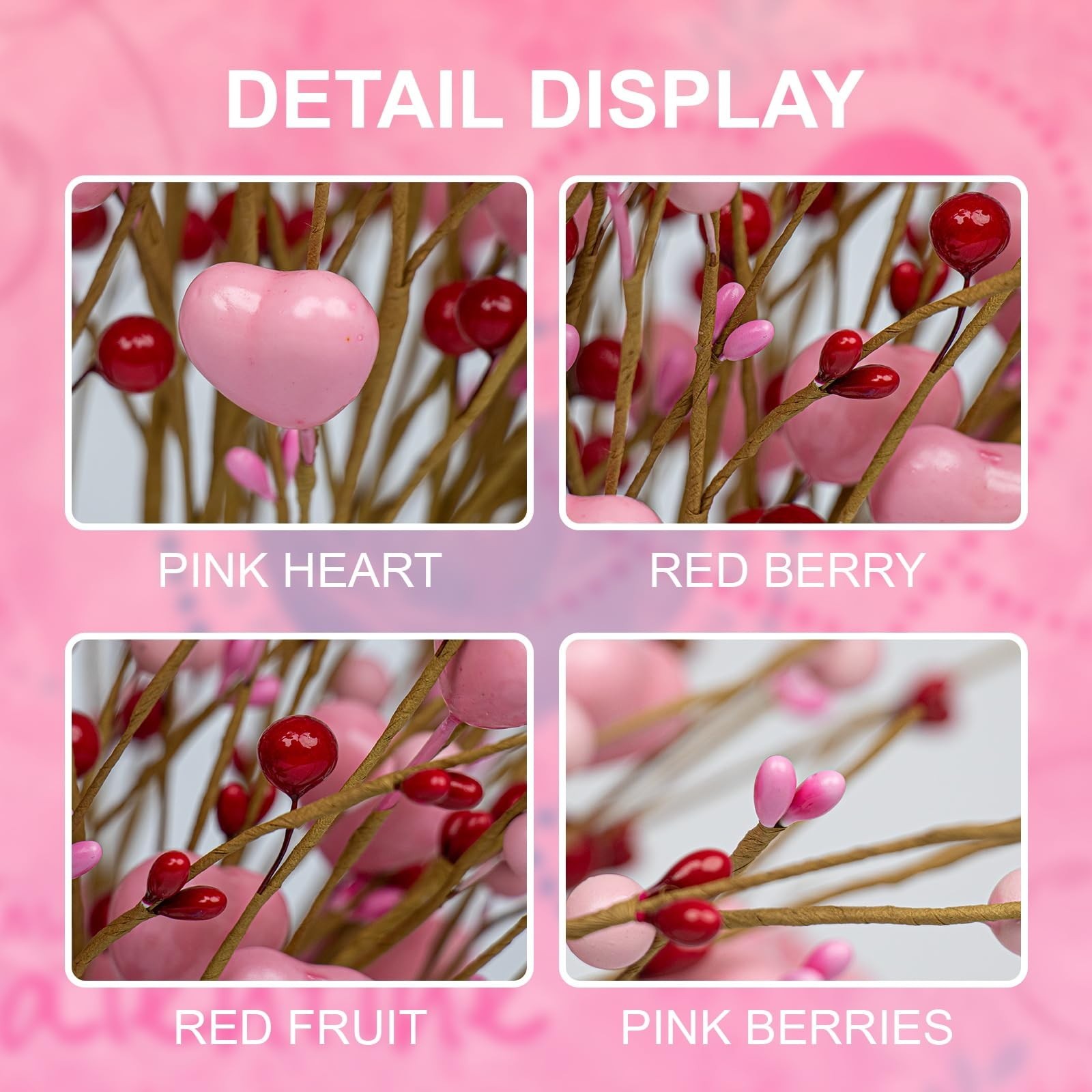 24 Pack Pink Heart Shaped Berry Picks with Red Berries – Valentine’s Day Decor,