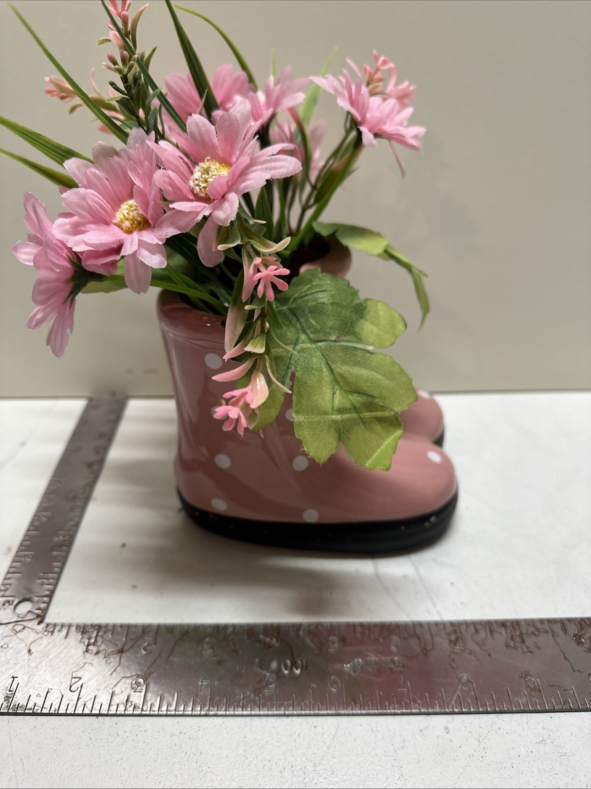 Ceramic Rain Boots In Pink Polk A Dot With Spring Flowers Decor For Springtime