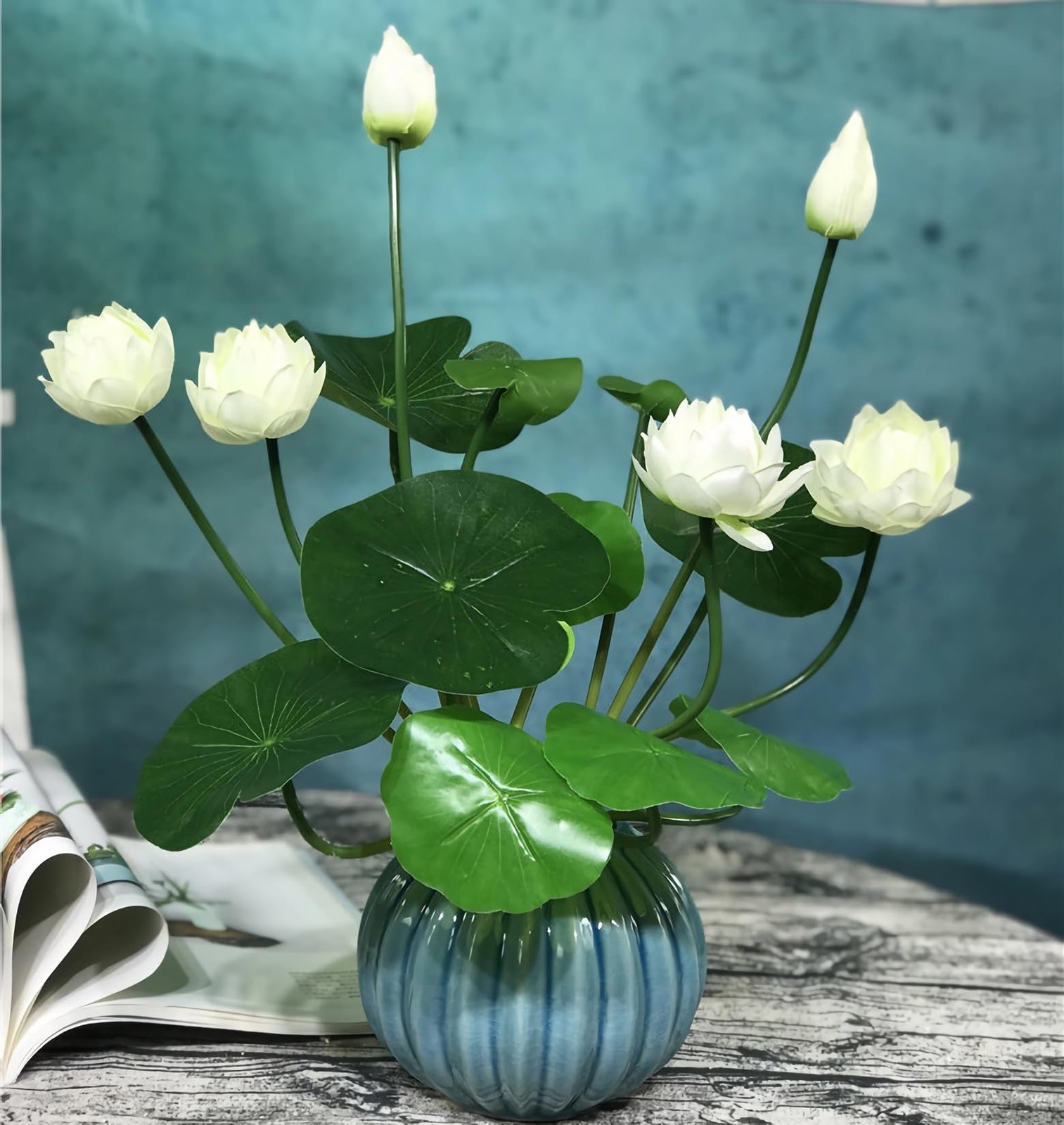 2pcs Artificial Lotus Flowers with Leaves 17″ Mini White Fake Water Lily Bouq…