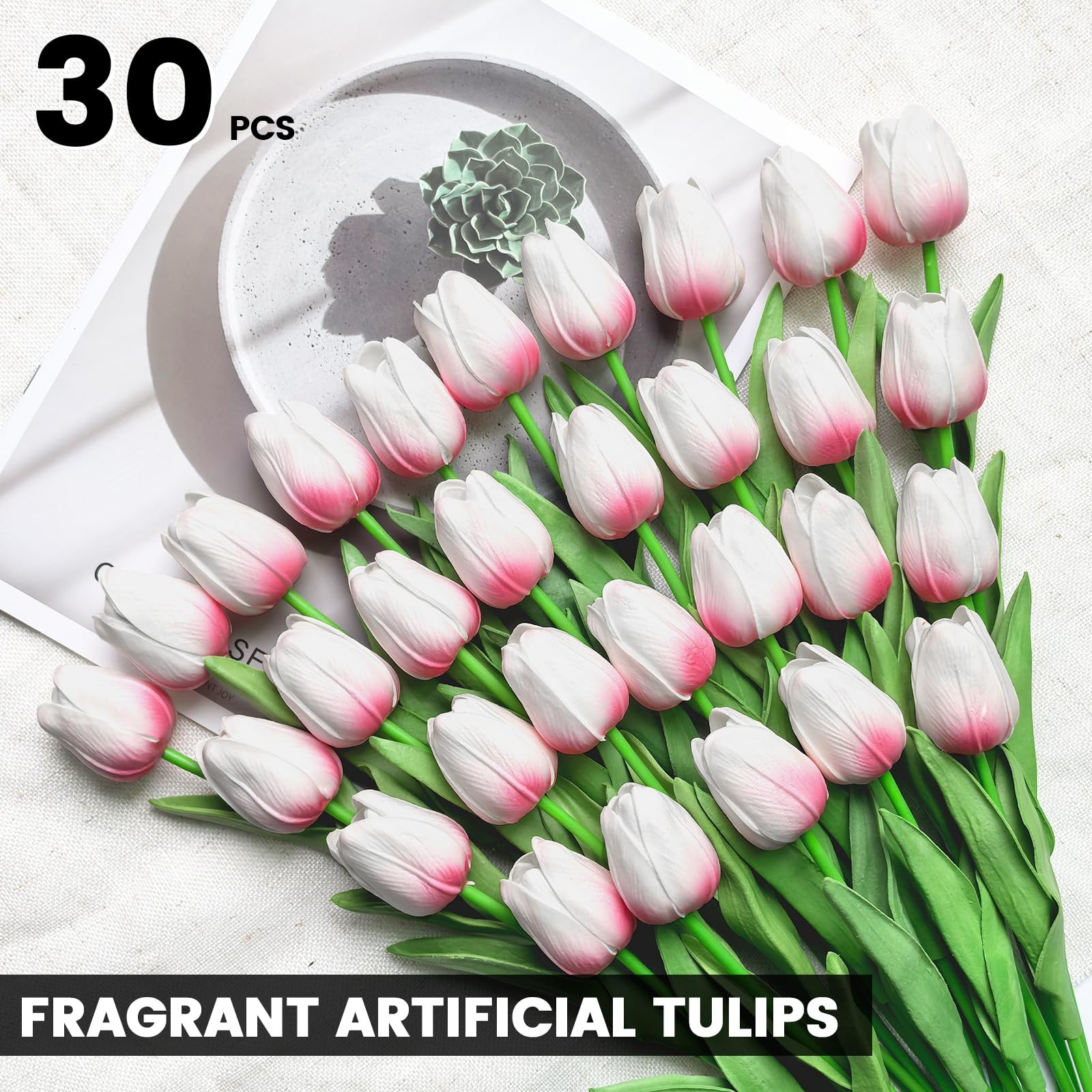 30 PCS Artificial Tulips Real Touch Tulips 13.5inch Long Stem Fake Flowers Si…