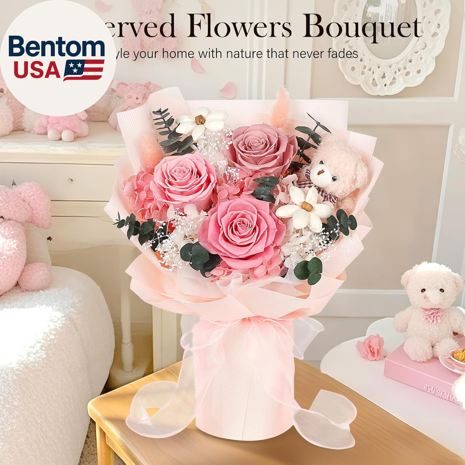 Preserved Flowers Bouquet with Bear, 3 Real Forever Flowers for Delivery, Long-L